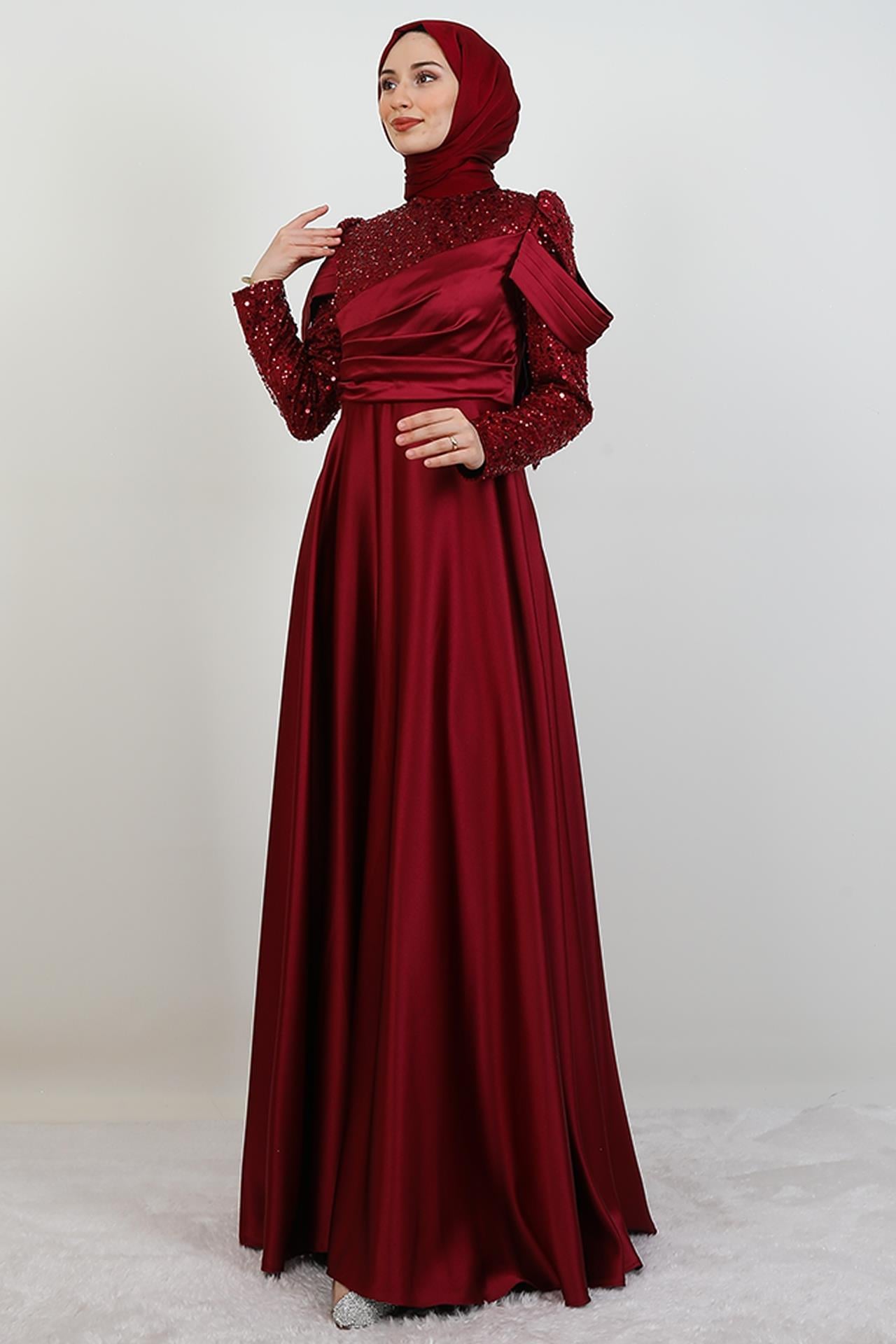 Kolu Drapeli Pullu Abiye Bordo