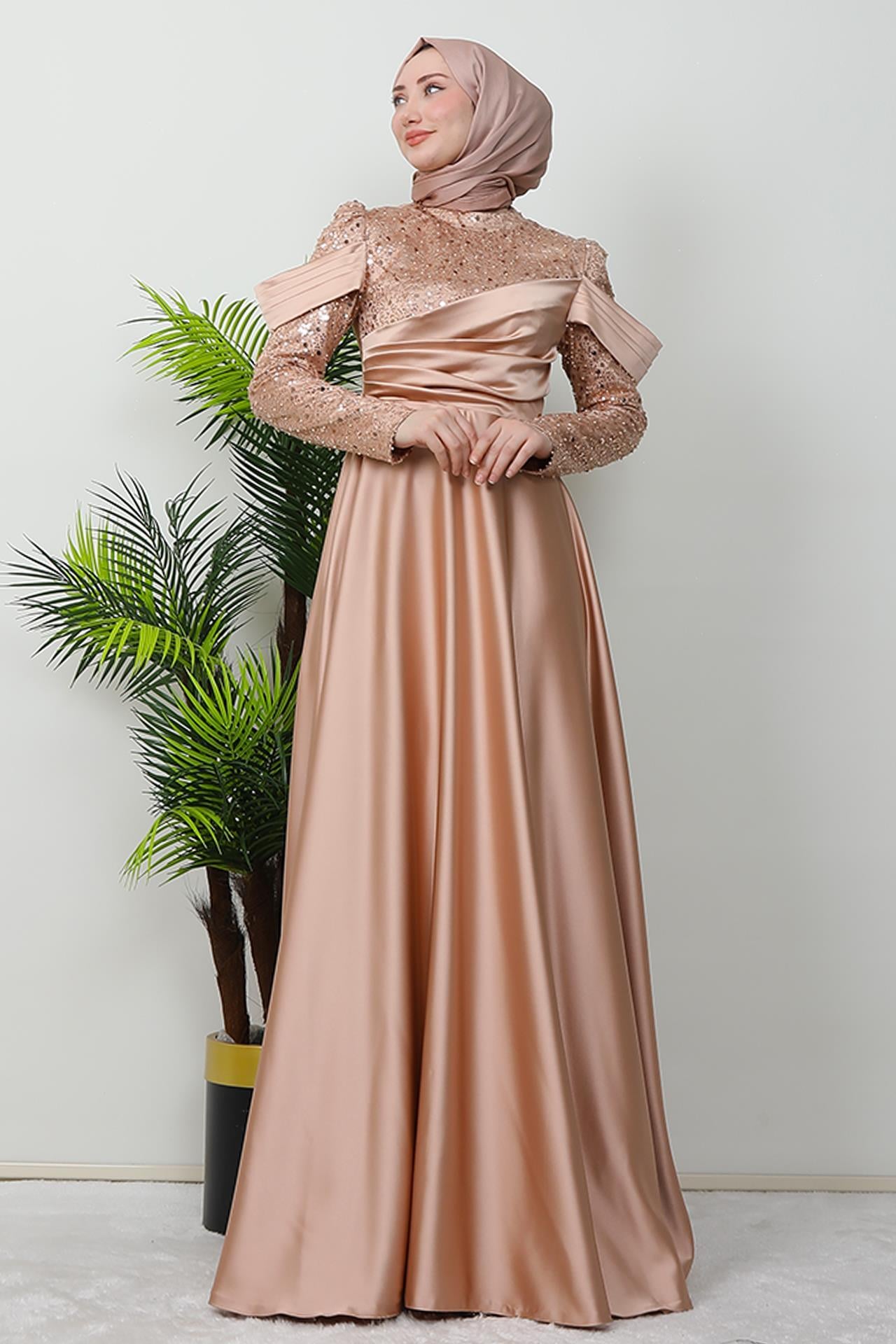 Kolu Drapeli Pullu Abiye Gold