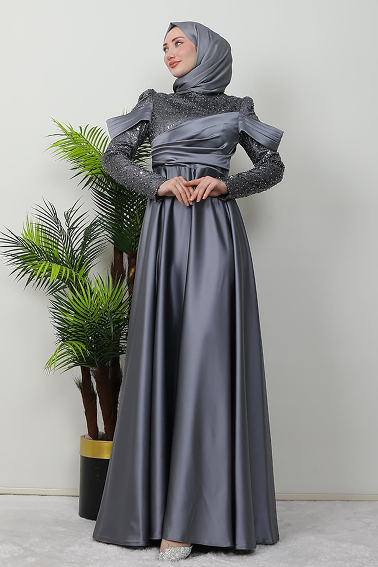 Kolu Drapeli Pullu Abiye Koyu Gri