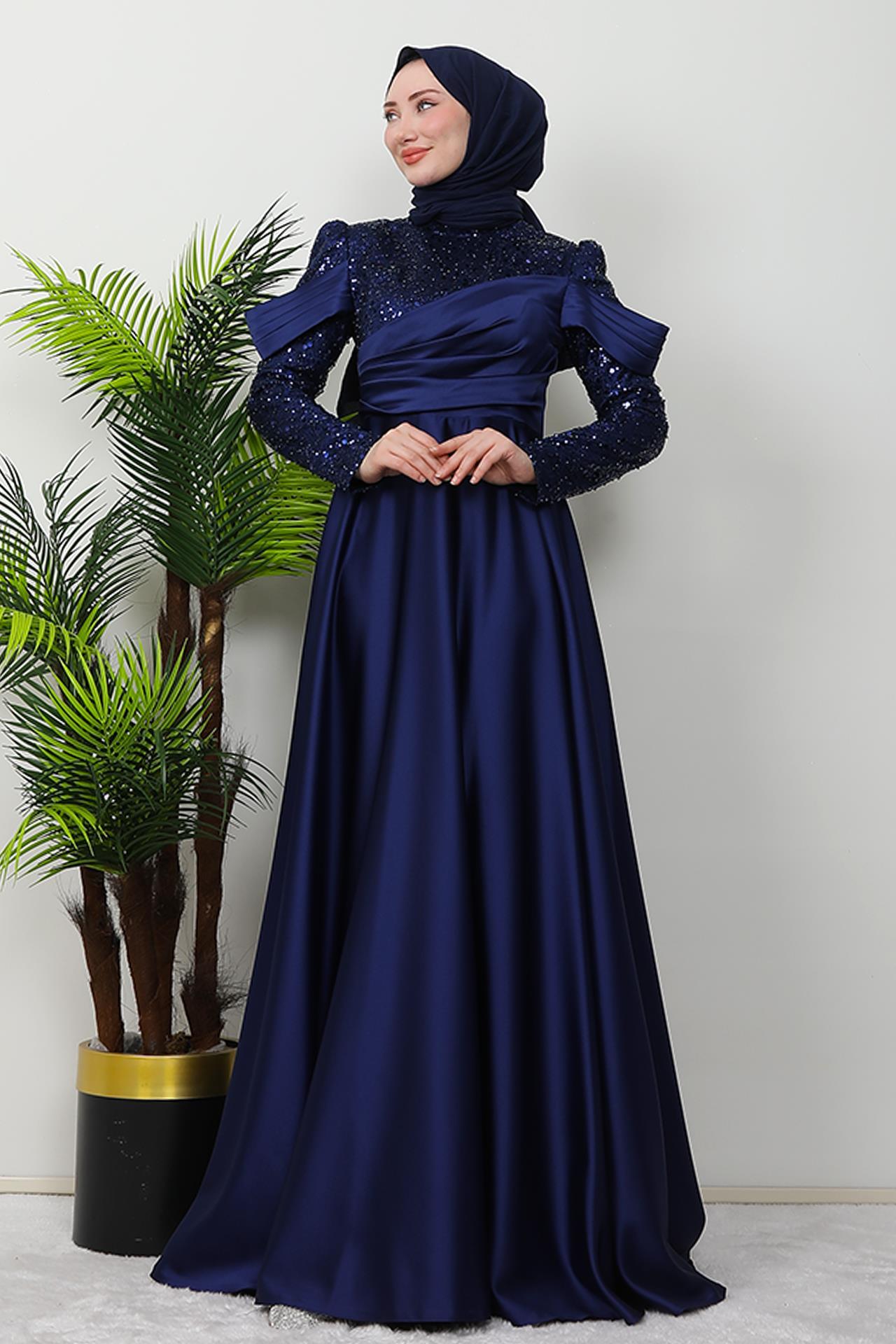 Kolu Drapeli Pullu Abiye Lacivert