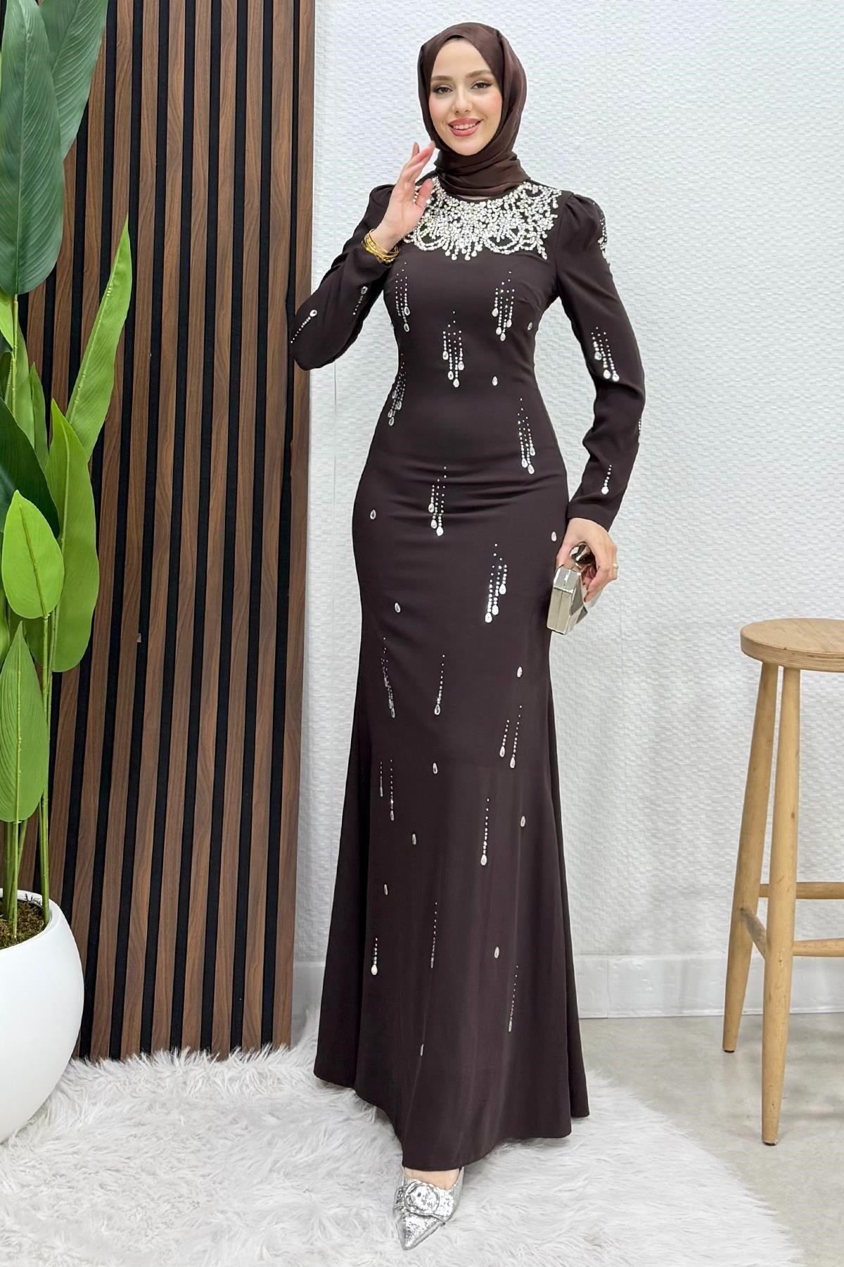 Kolye Yaka Krep Abiye Acı Kahve