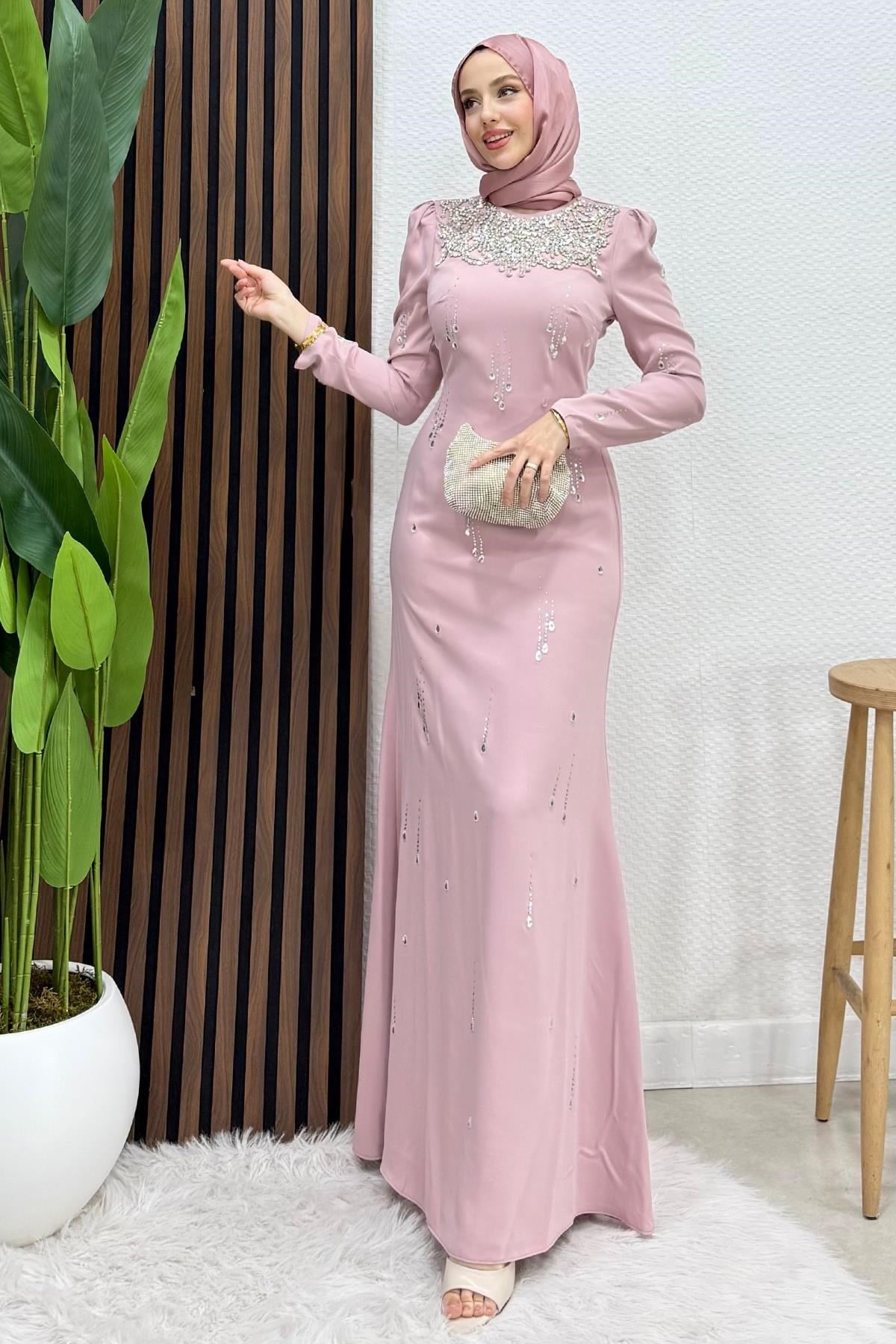 Kolye Yaka Krep Abiye Soft Pembe