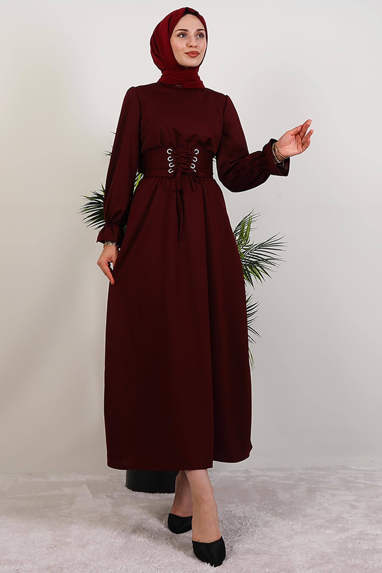 Kuş Gözlü Kuşaklı Elbise Bordo