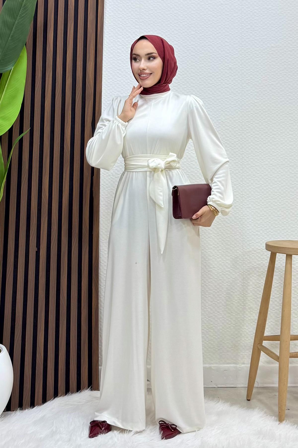 Kuşaklı Tesettür Tulum Beyaz
