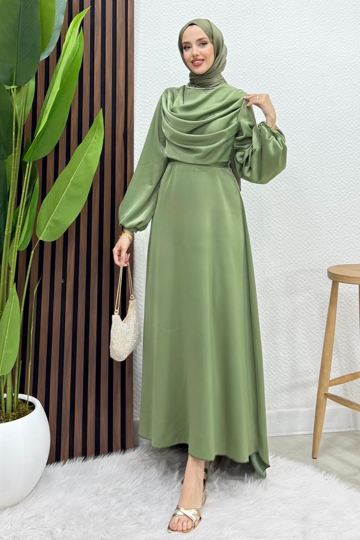 Kuyruklu Degaje Elbise Soft Yeşil