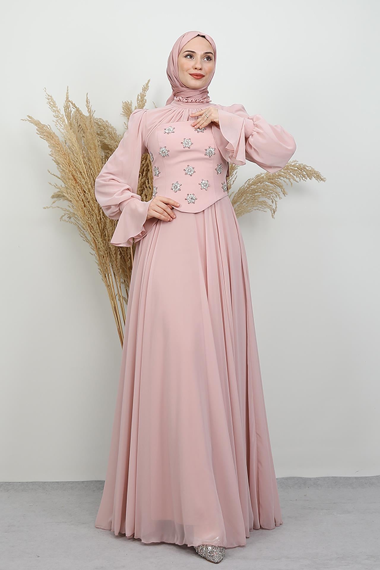 Lame Taş Detay Abiye Soft Pembe