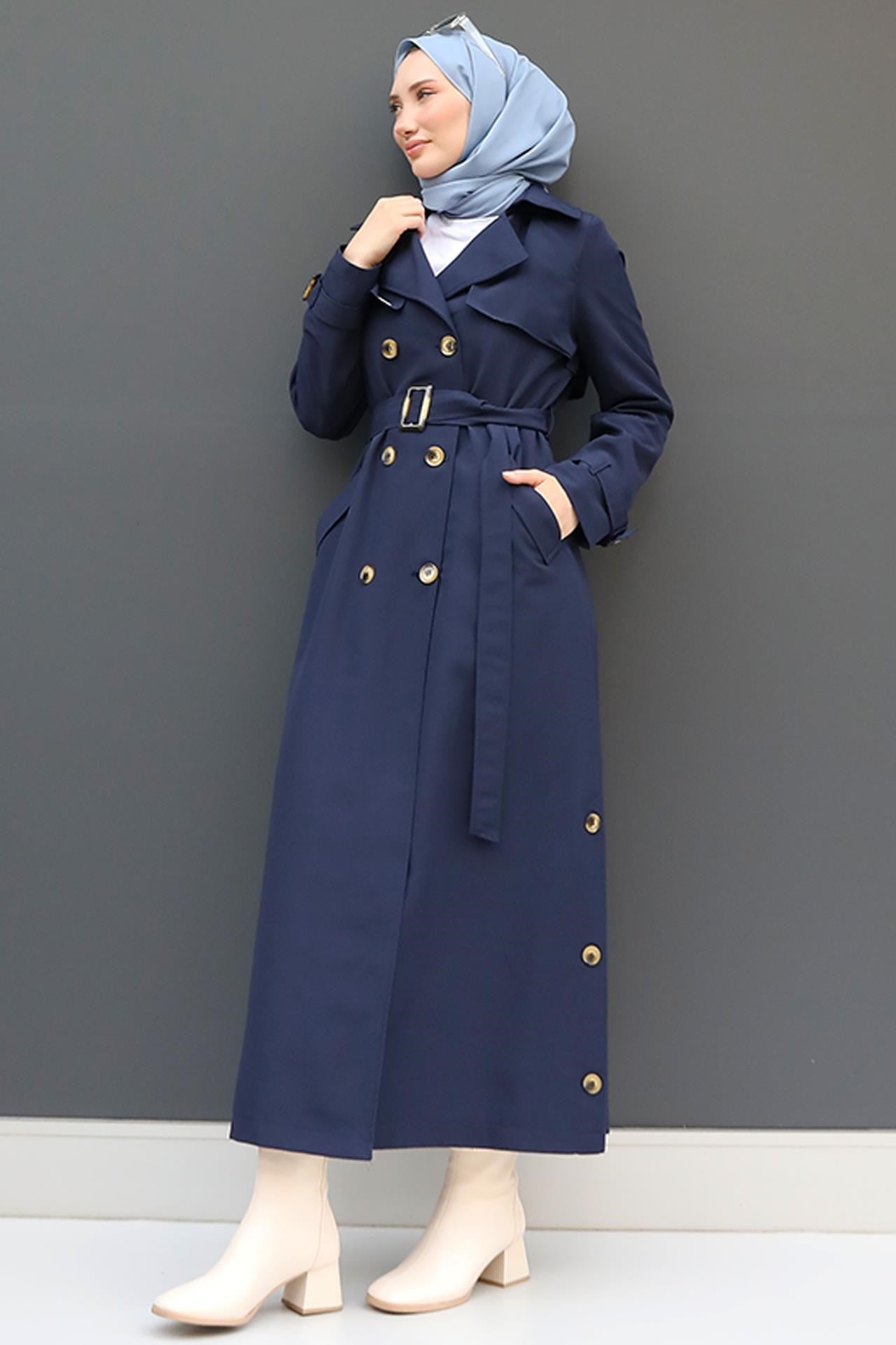 Liza Düğmeli Trenç Lacivert