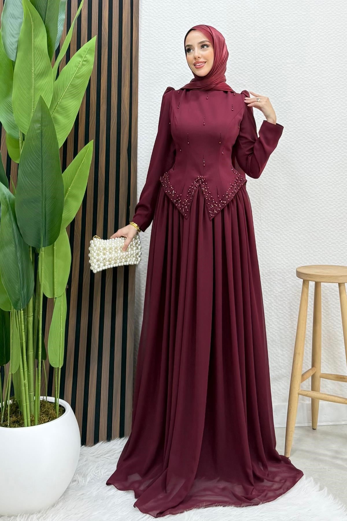 Mahsen Şifon Abiye Bordo