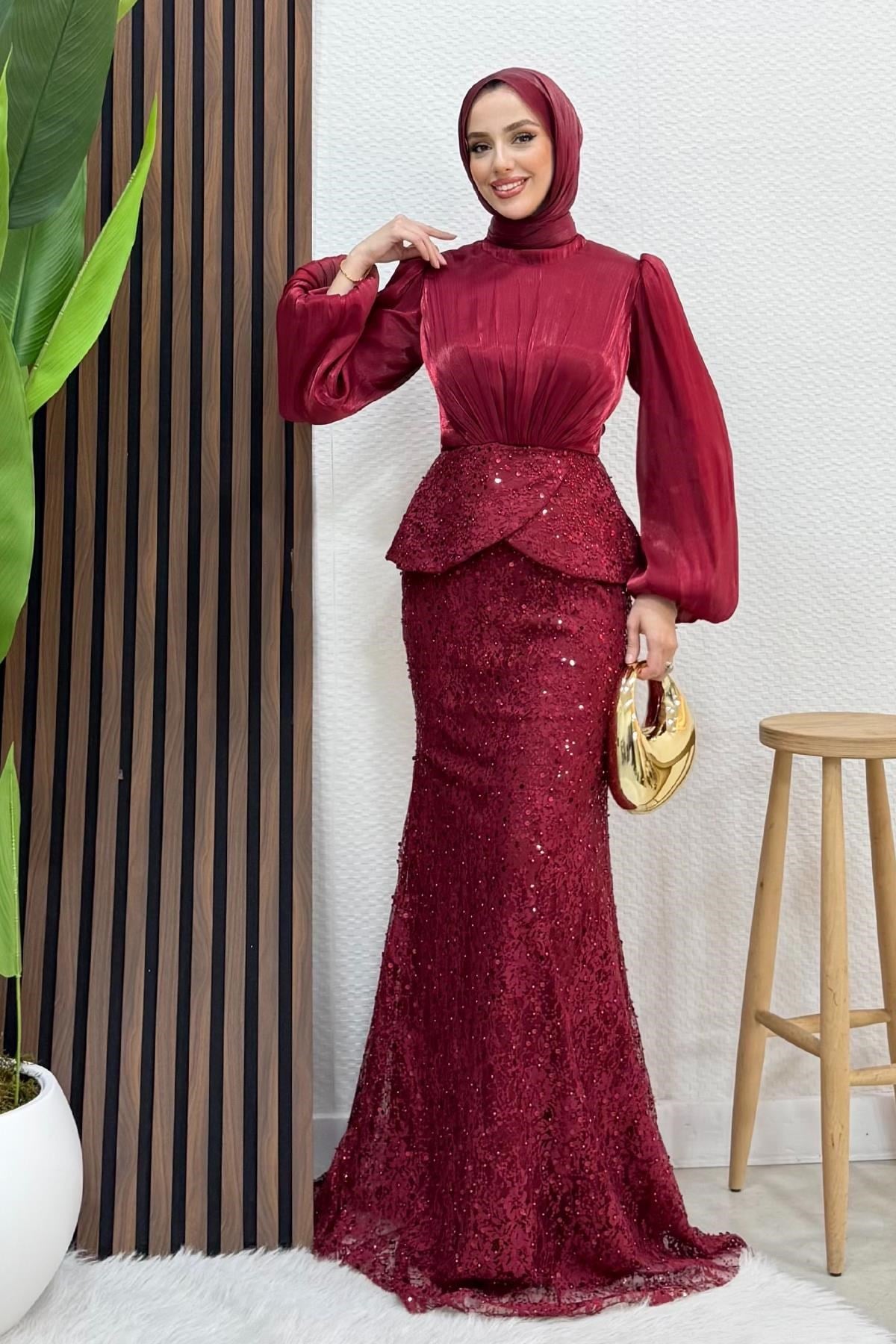 Marcella Dantel İşleme Abiye Bordo