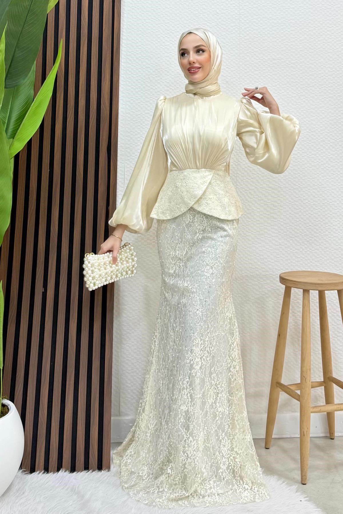 Marcella Dantel İşleme Abiye Krem