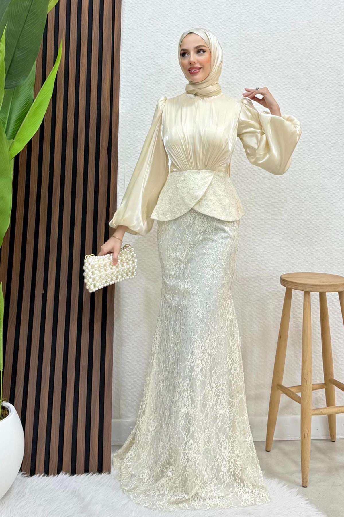 Marcella Dantel İşleme Abiye Krem