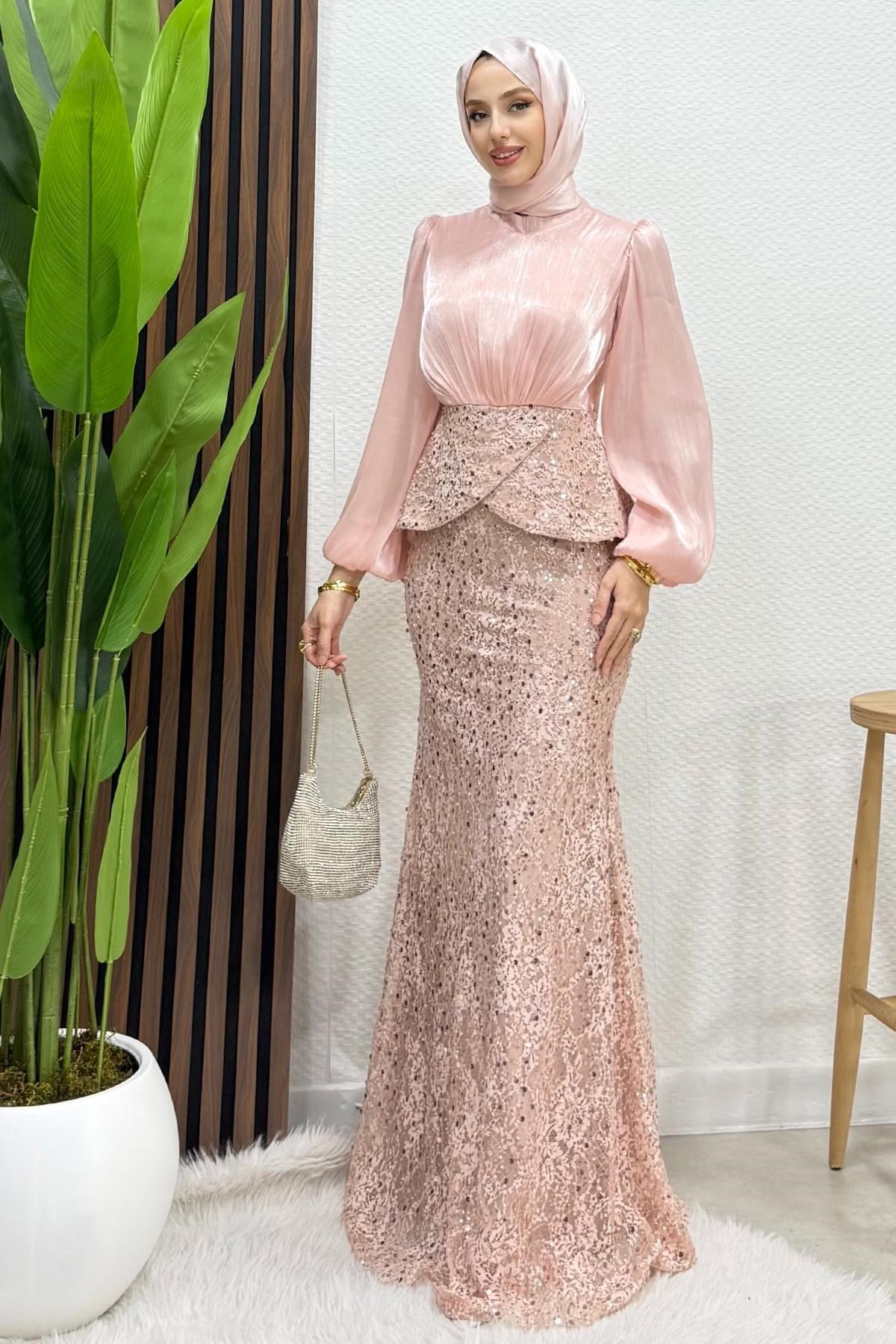 Marcella Dantel İşleme Abiye Soft Pembe