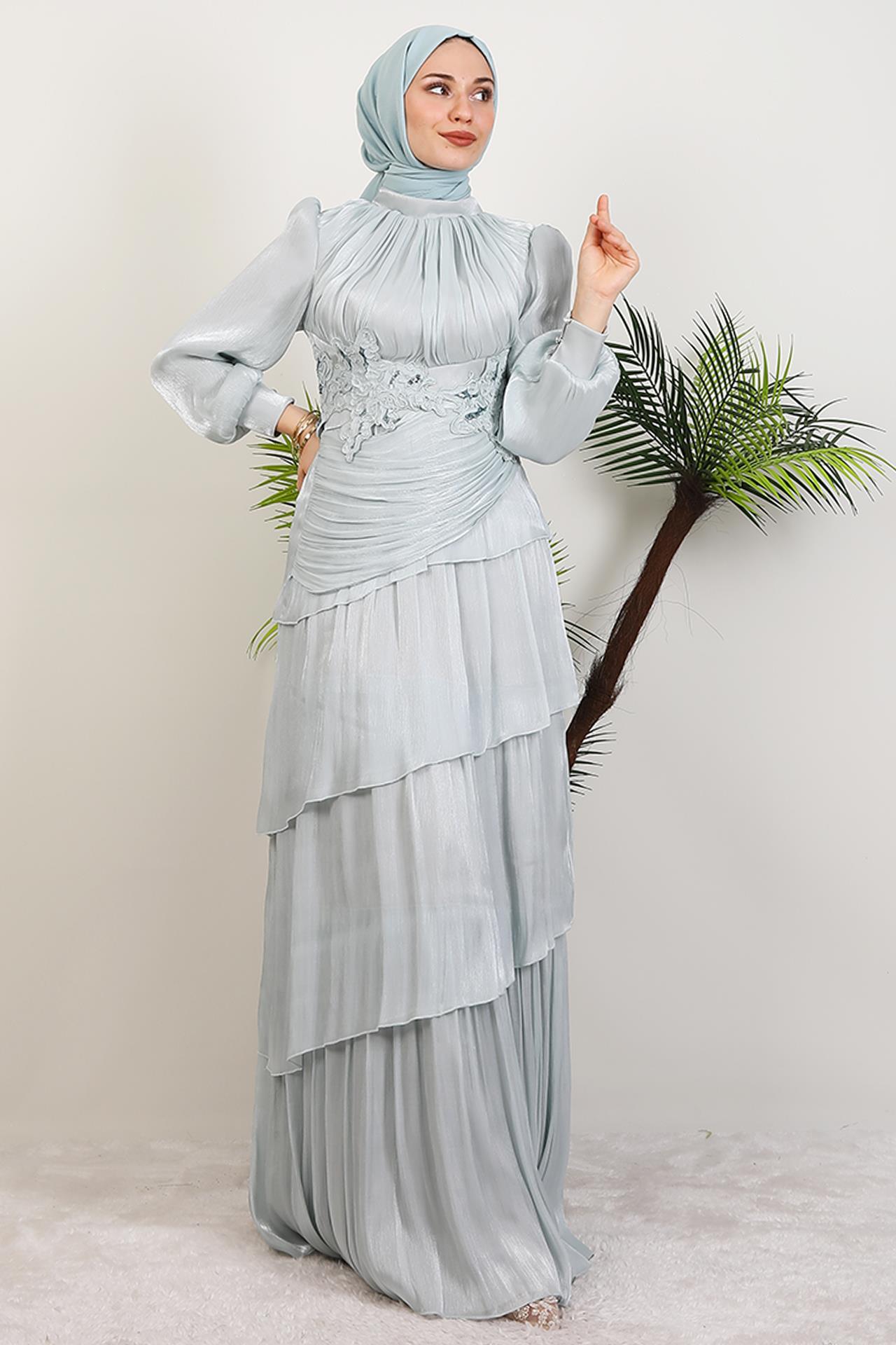 Menekşe Kat Kat Abiye Açık Mint