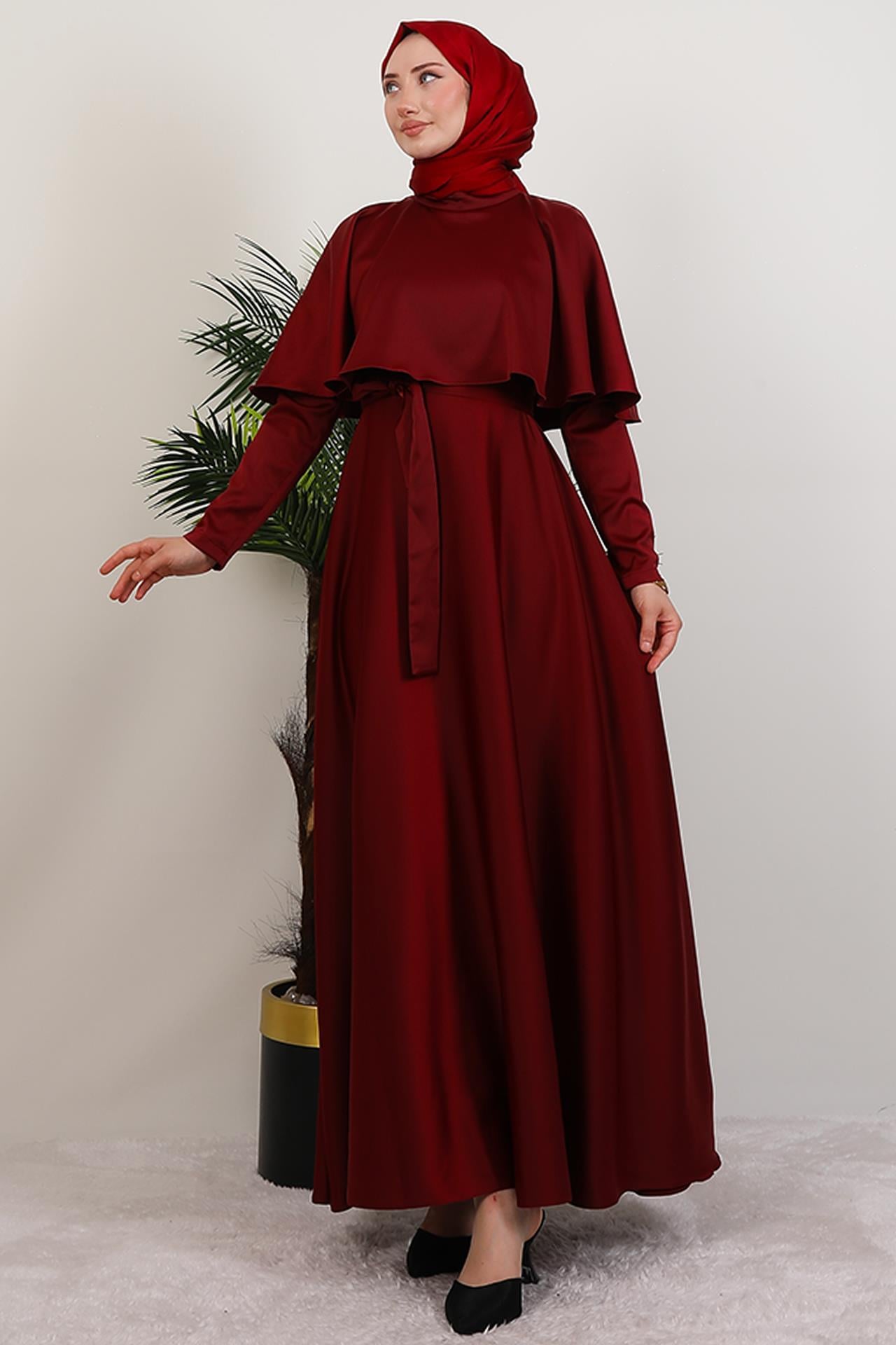 Mona Pelerinli Elbise Bordo