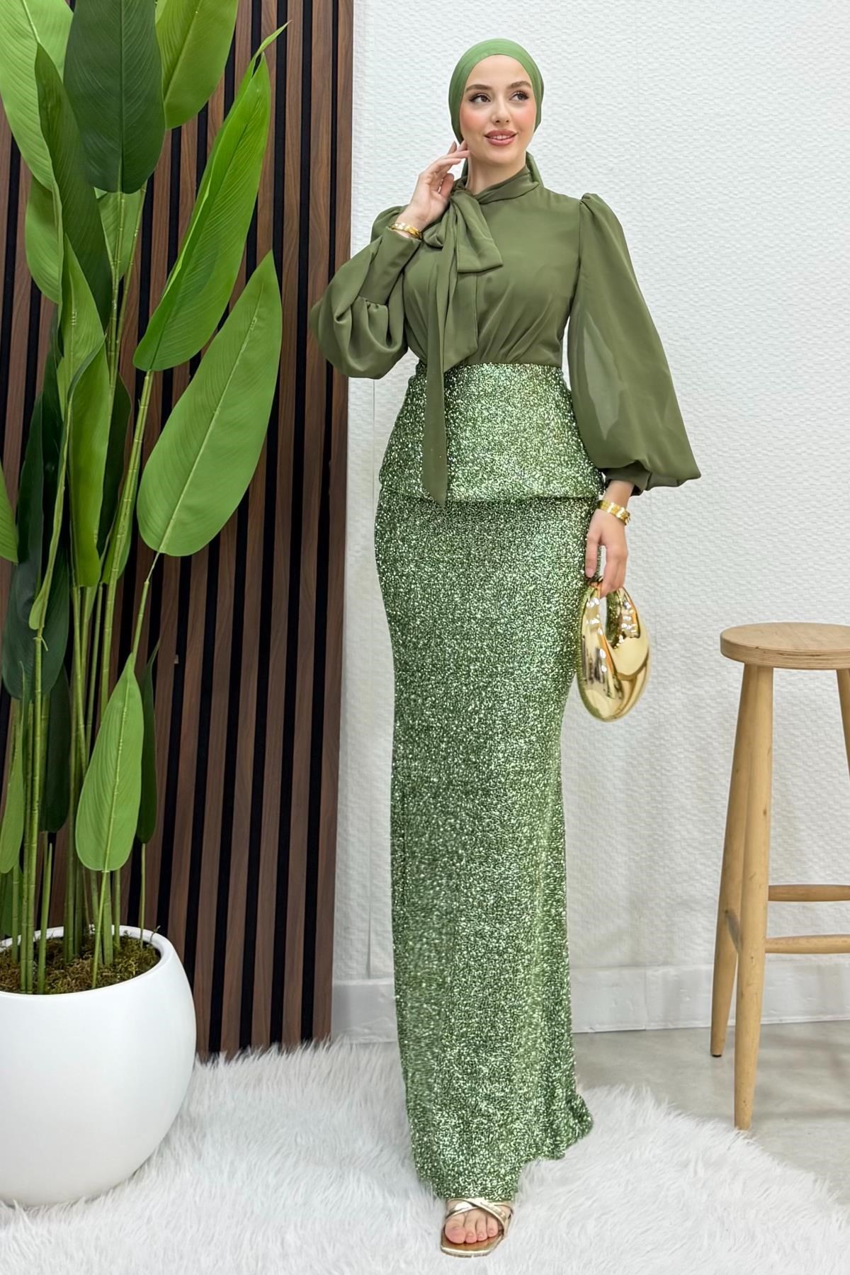 Olya Şifon Detay Abiye Haki