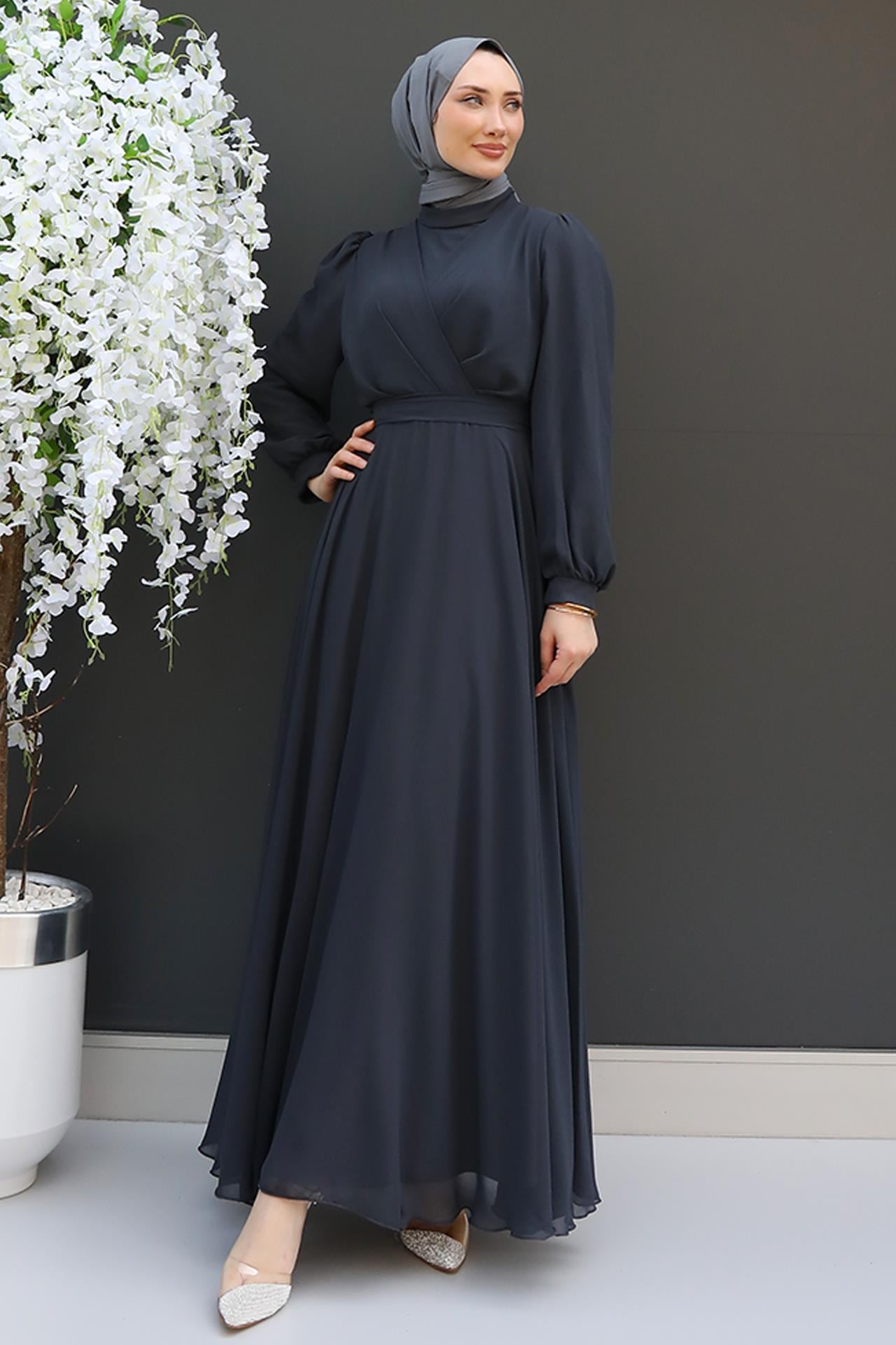 Önü Çapraz Şifon Elbise Füme