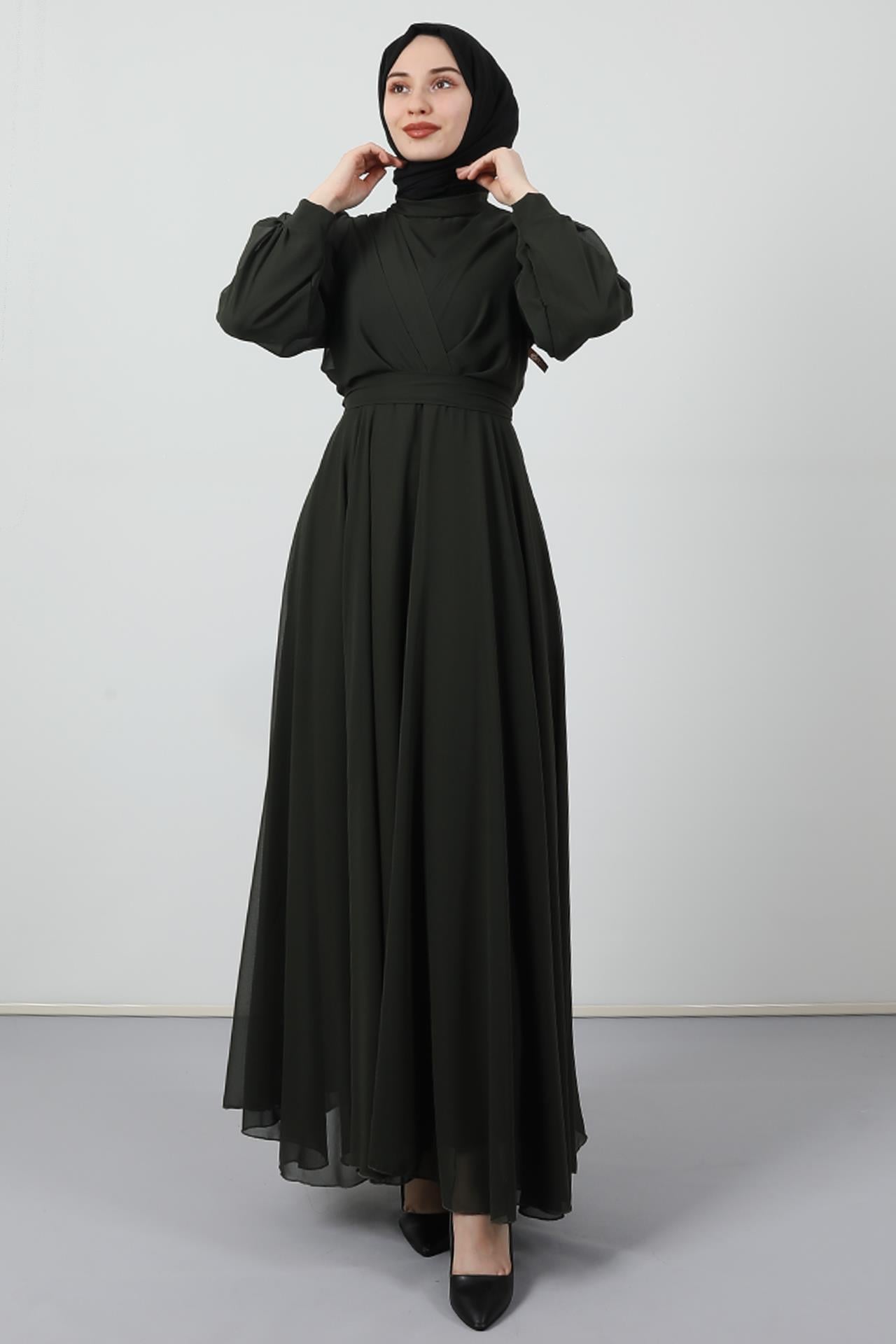 Önü Çapraz Şifon Elbise Haki