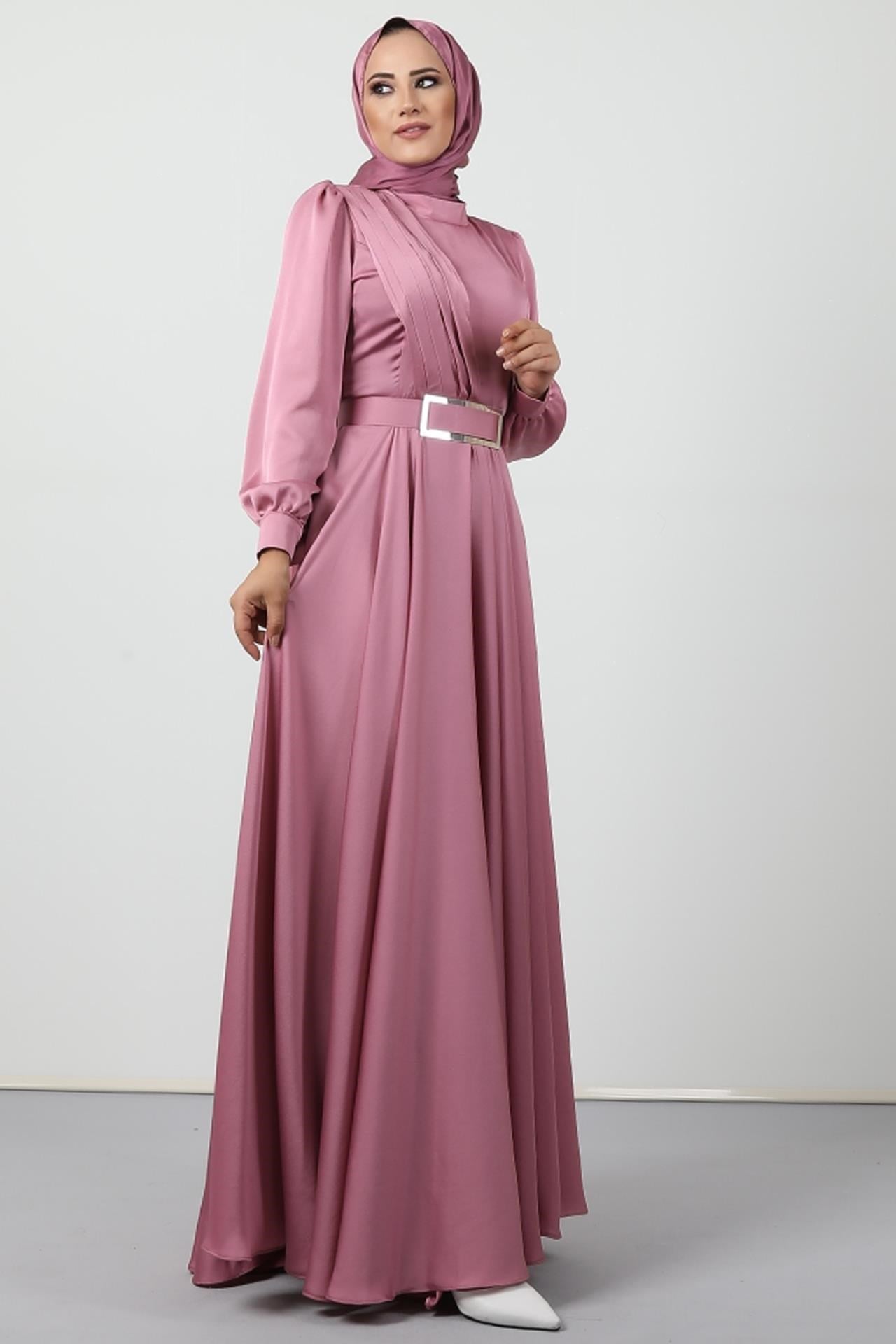 Önü Pileli Tesettür Abiye Pembe