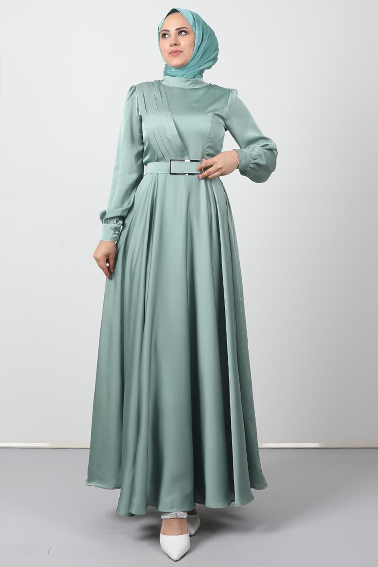 Önü Pileli Tesettür Abiye Su Yeşil