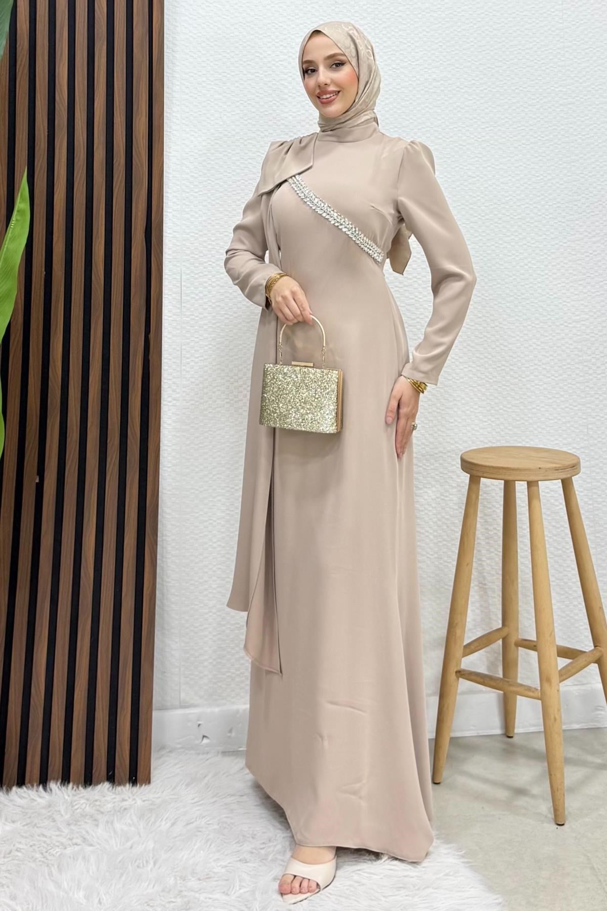 Özün Taşlı Abiye Açık Vizon