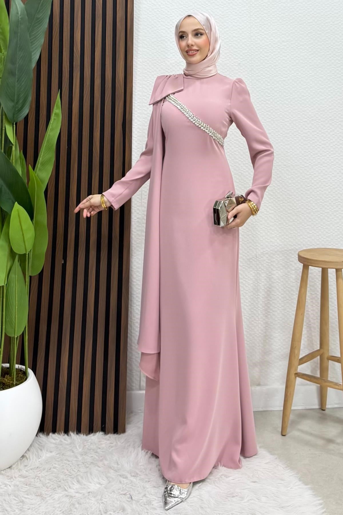 Özün Taşlı Abiye Soft Pembe