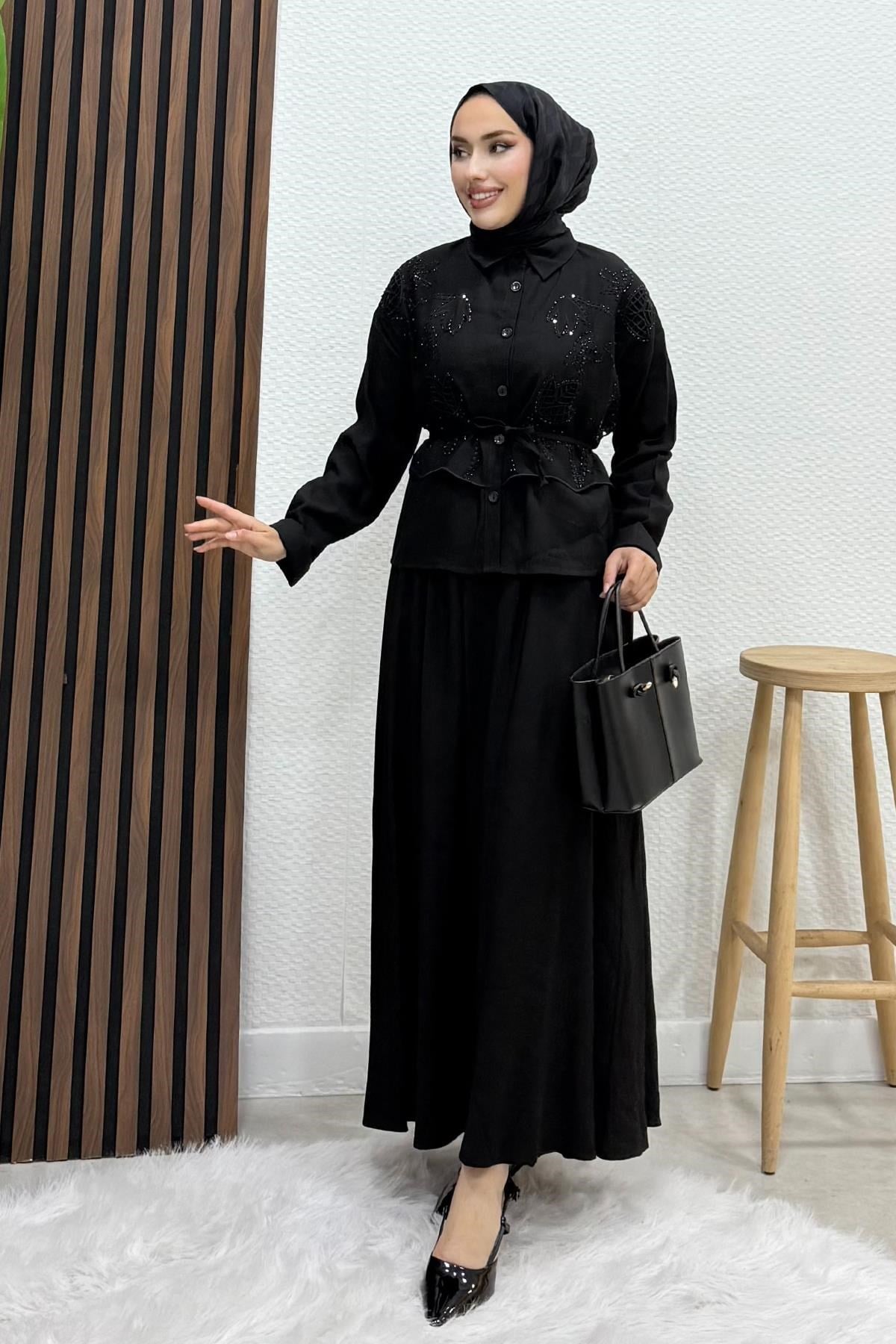 Pelerini Taş Etekli Takım Siyah