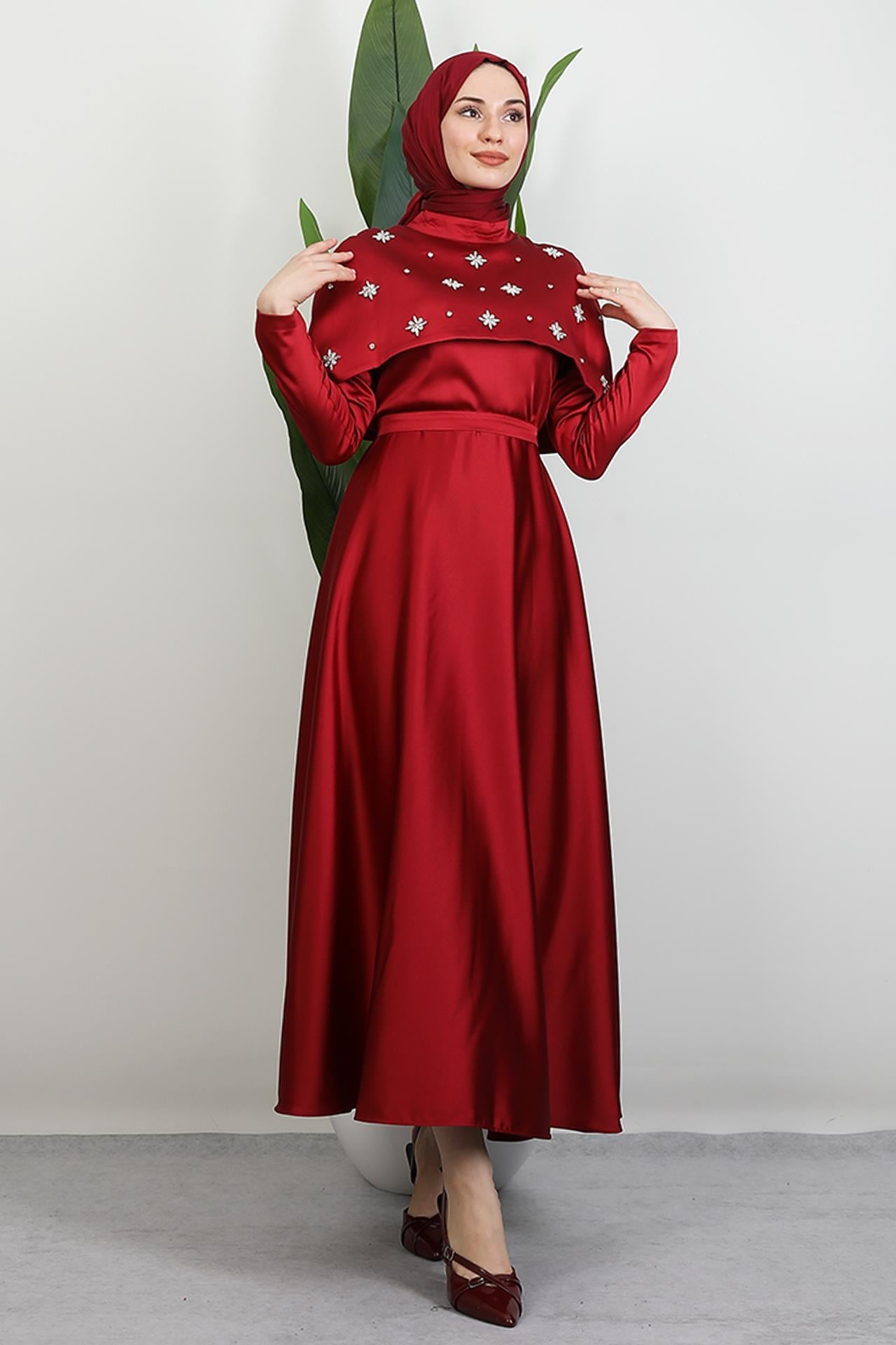 Pelerini Taşlı Elbise Bordo