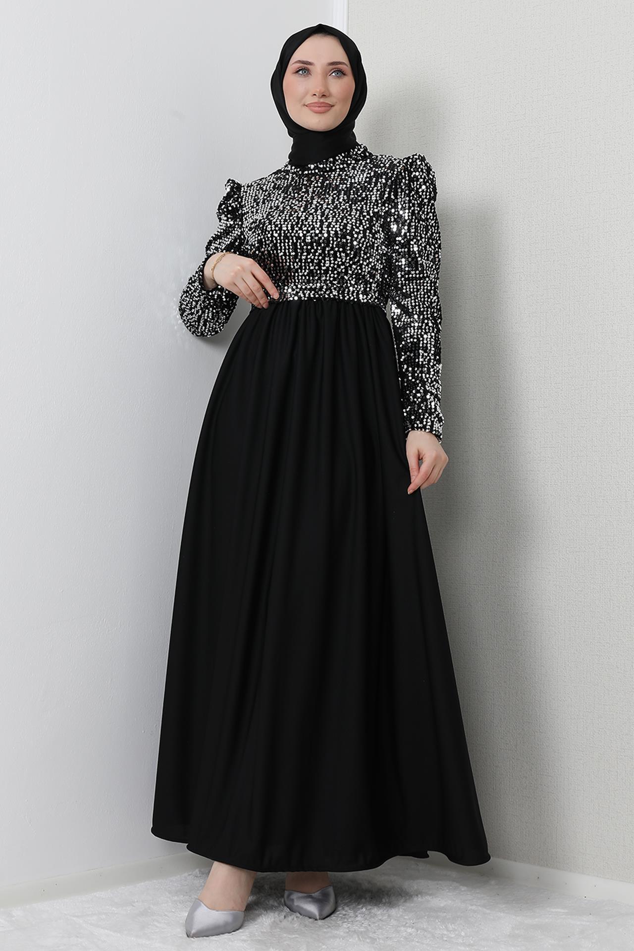 Pullu Tesettür Elbise Siyah