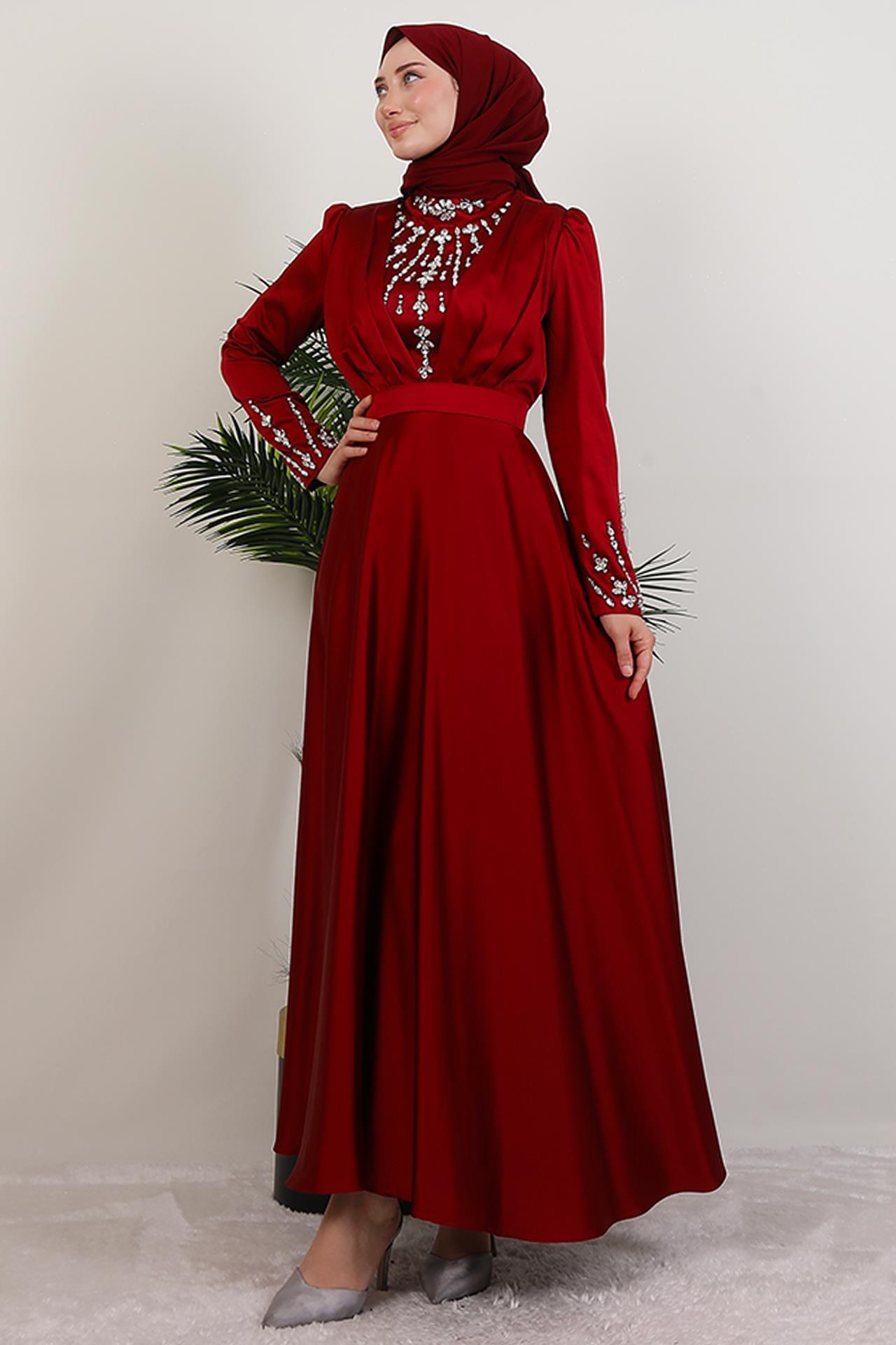 Rüya Taşlı Abiye Bordo