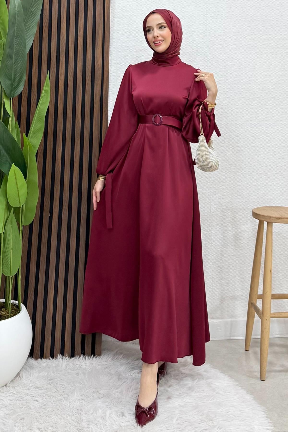 Saten Kemerli Elbise Koyu Bordo