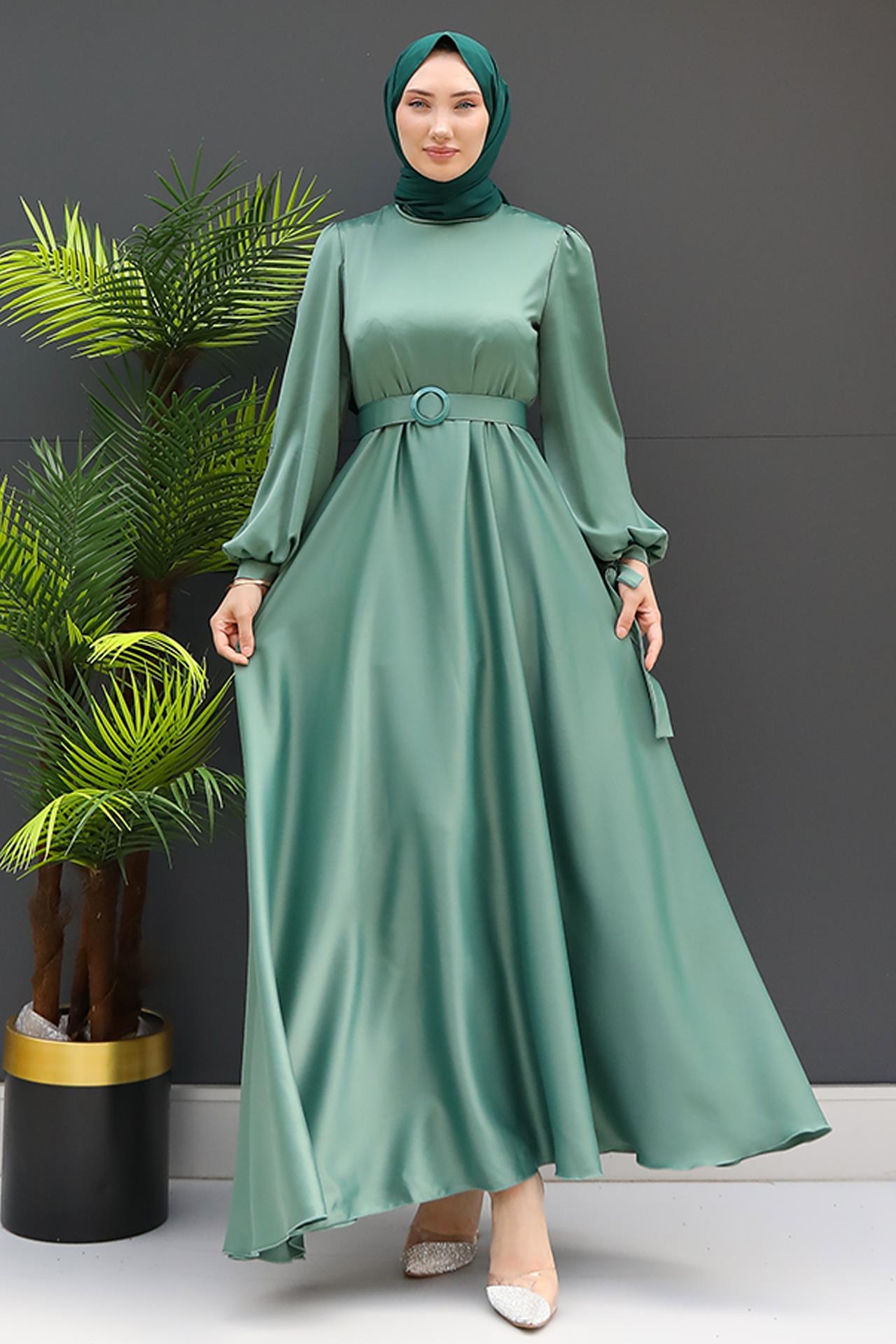 Saten Kemerli Elbise Mint