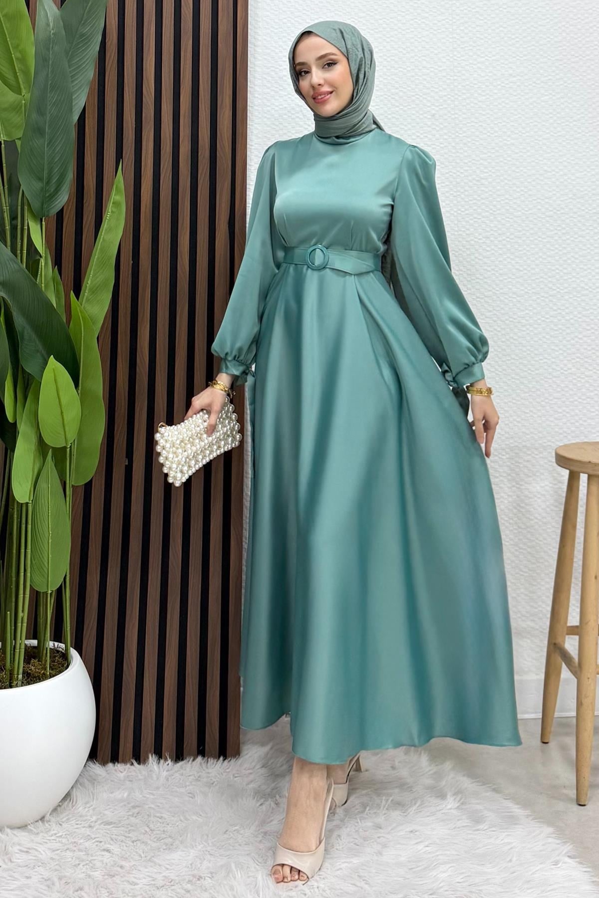 Saten Kemerli Elbise Mint