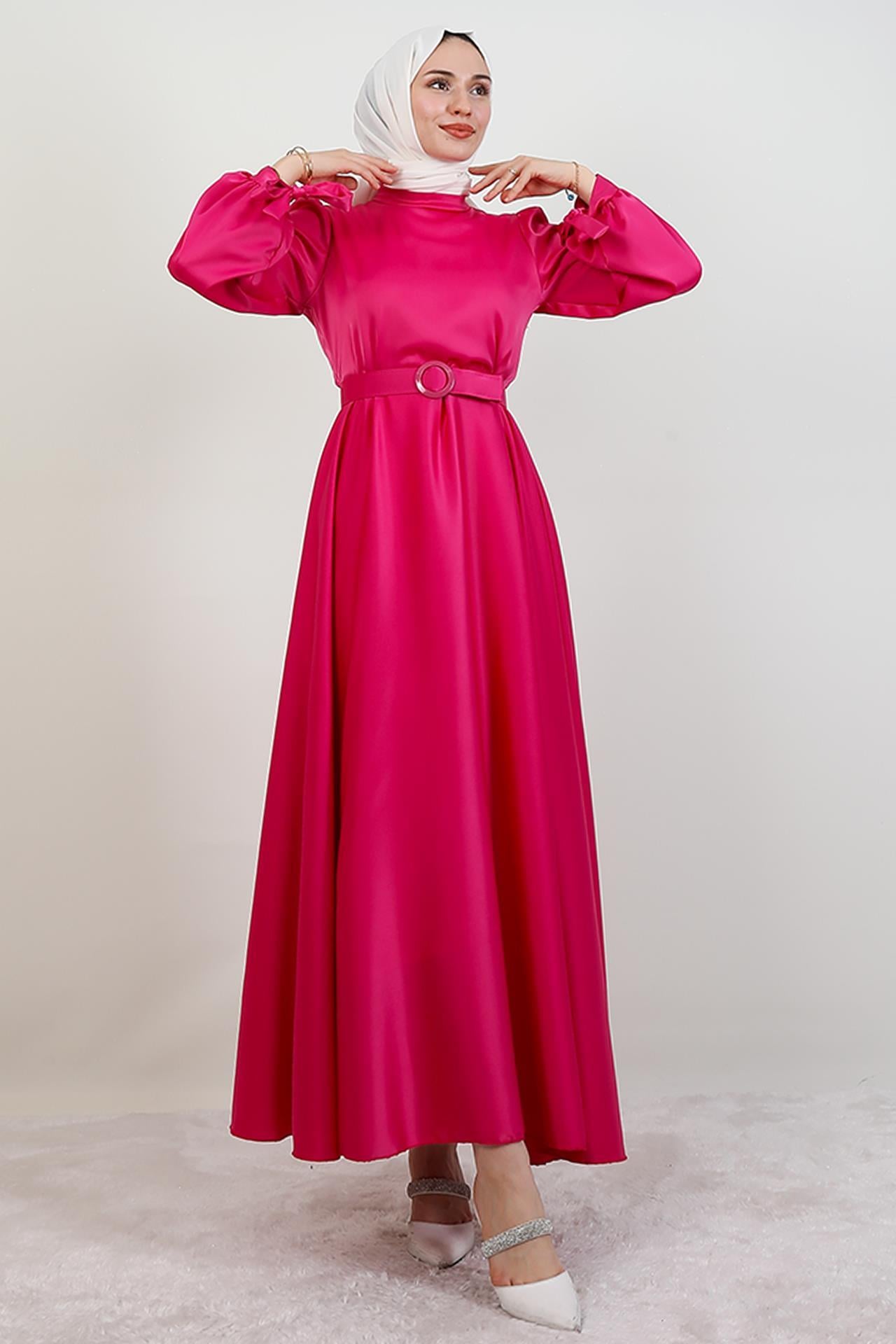 Saten Kemerli Elbise Pembe
