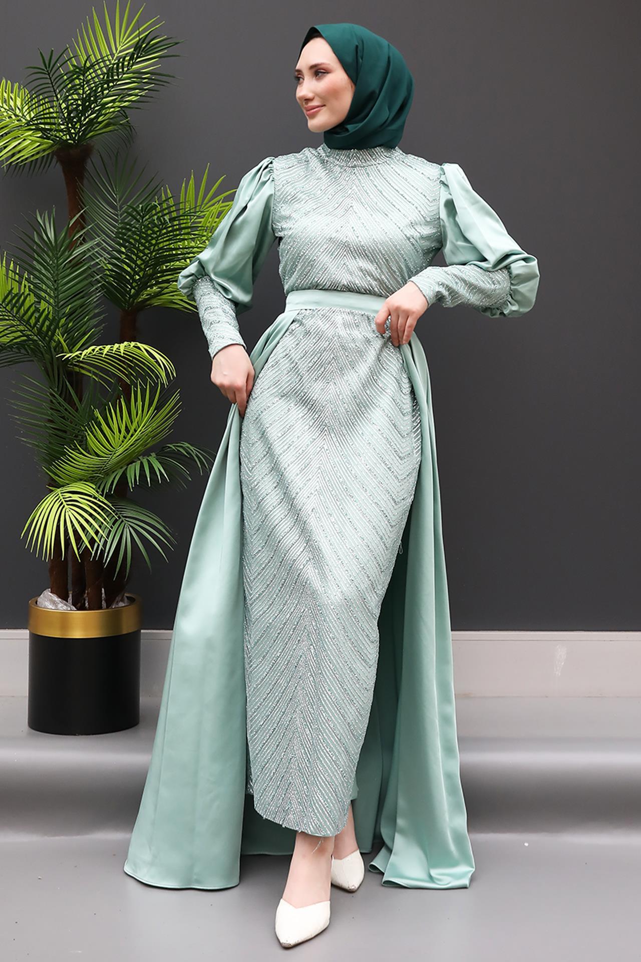 Sim İşlemeli Tesettür Abiye Nil Yeşil