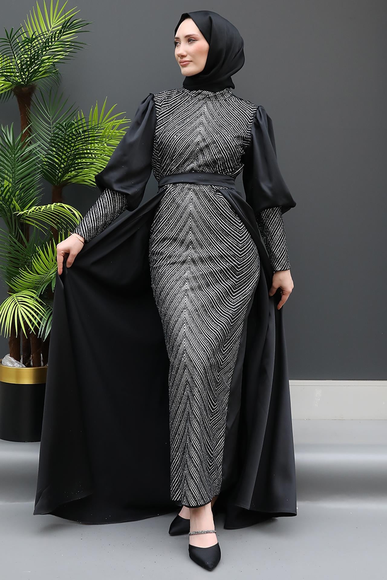 Sim İşlemeli Tesettür Abiye Siyah