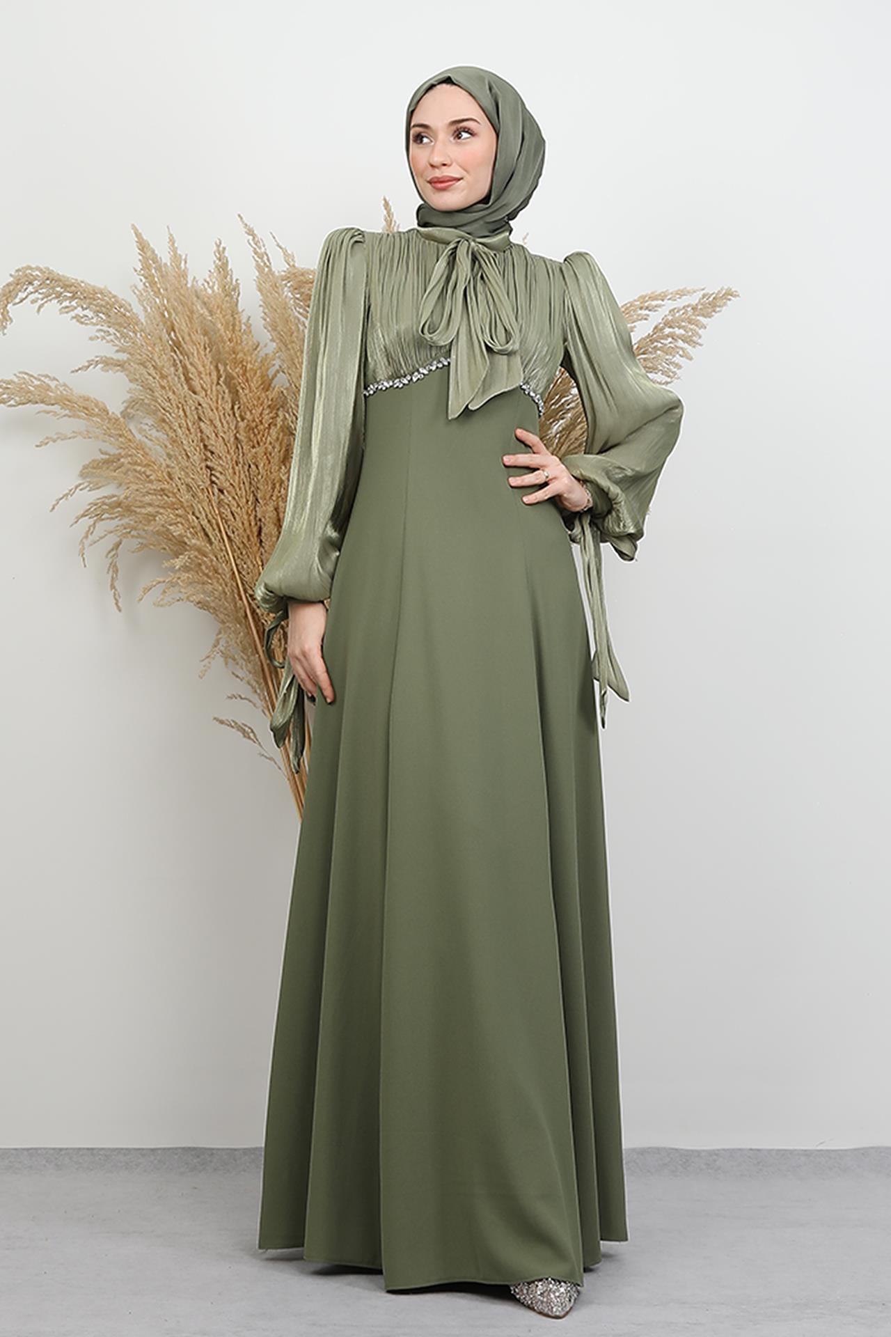 Tan Taş Detay Abiye Soft Yeşil