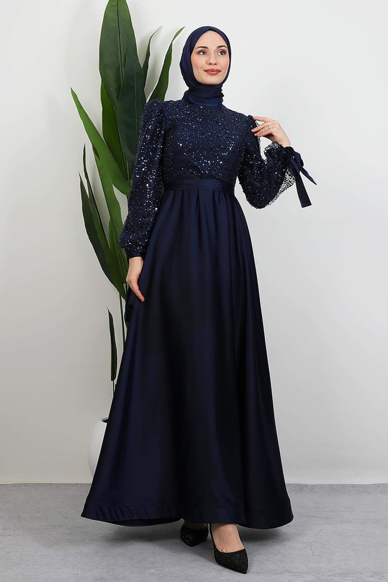 Tarlatanlı Pullu Abiye Lacivert