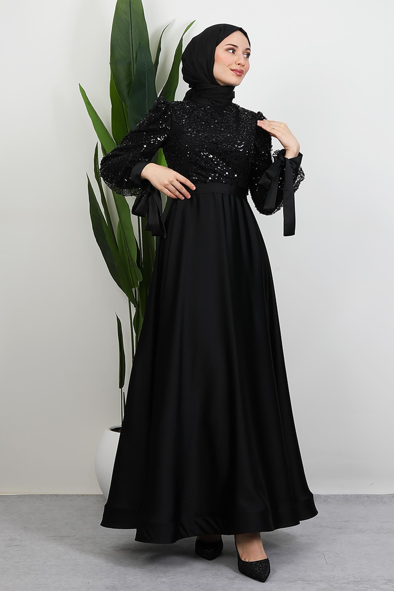 Tarlatanlı Pullu Abiye Siyah