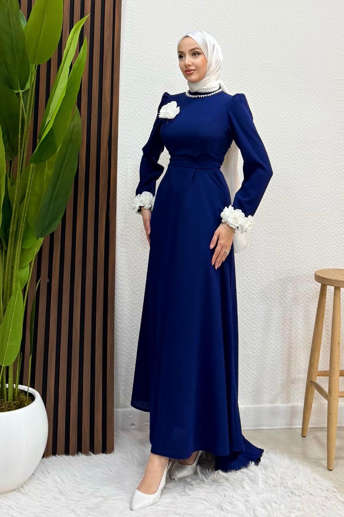 Taşlı Güllü Elbise Lacivert