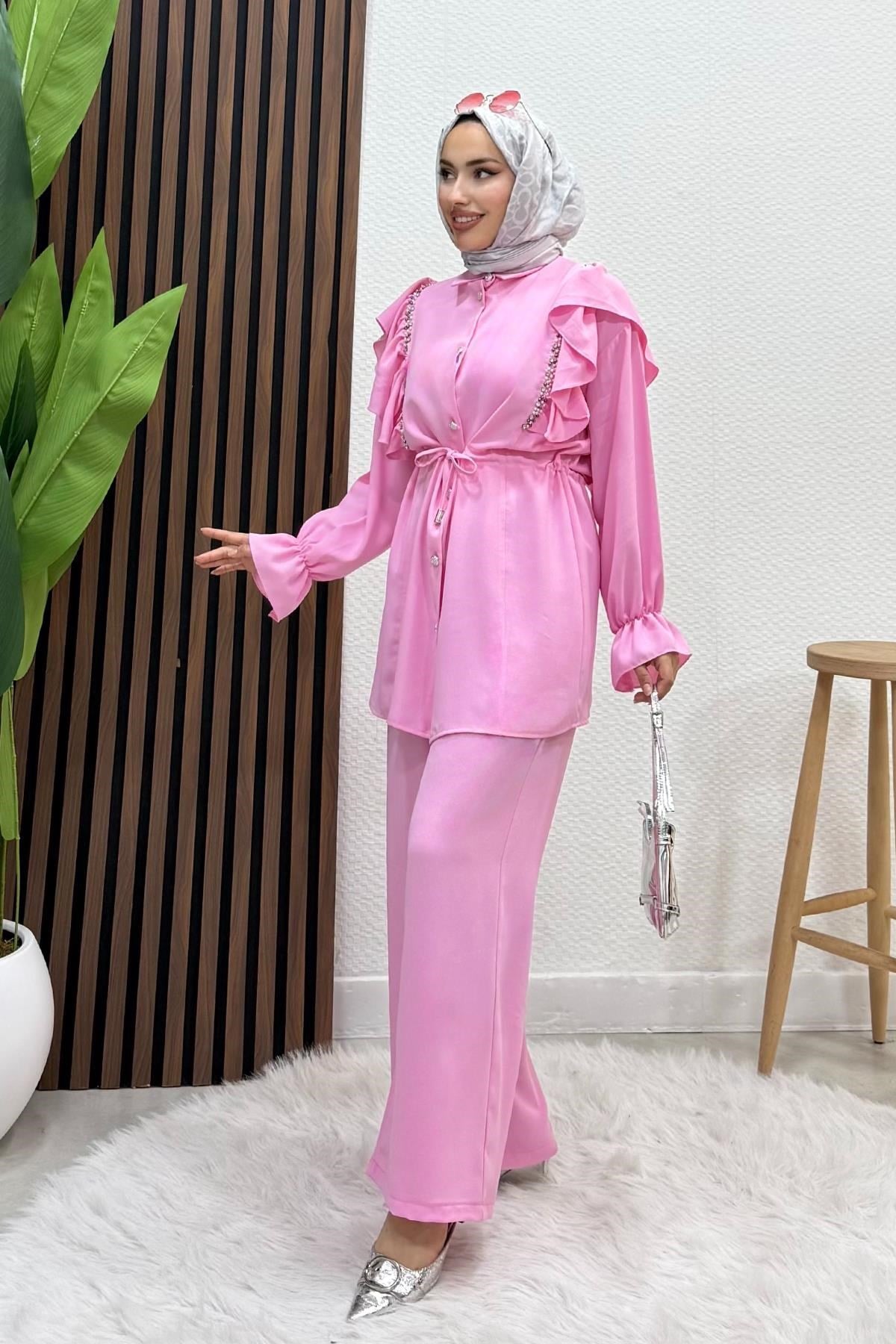 Taşlı Linda Takım Pembe