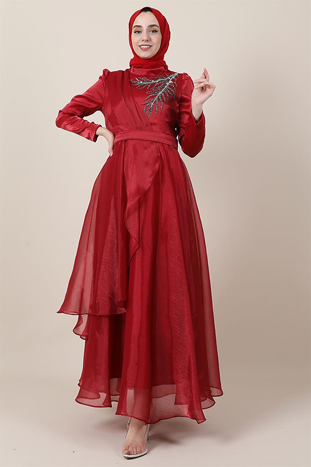 Taşlı Organze Abiye Bordo