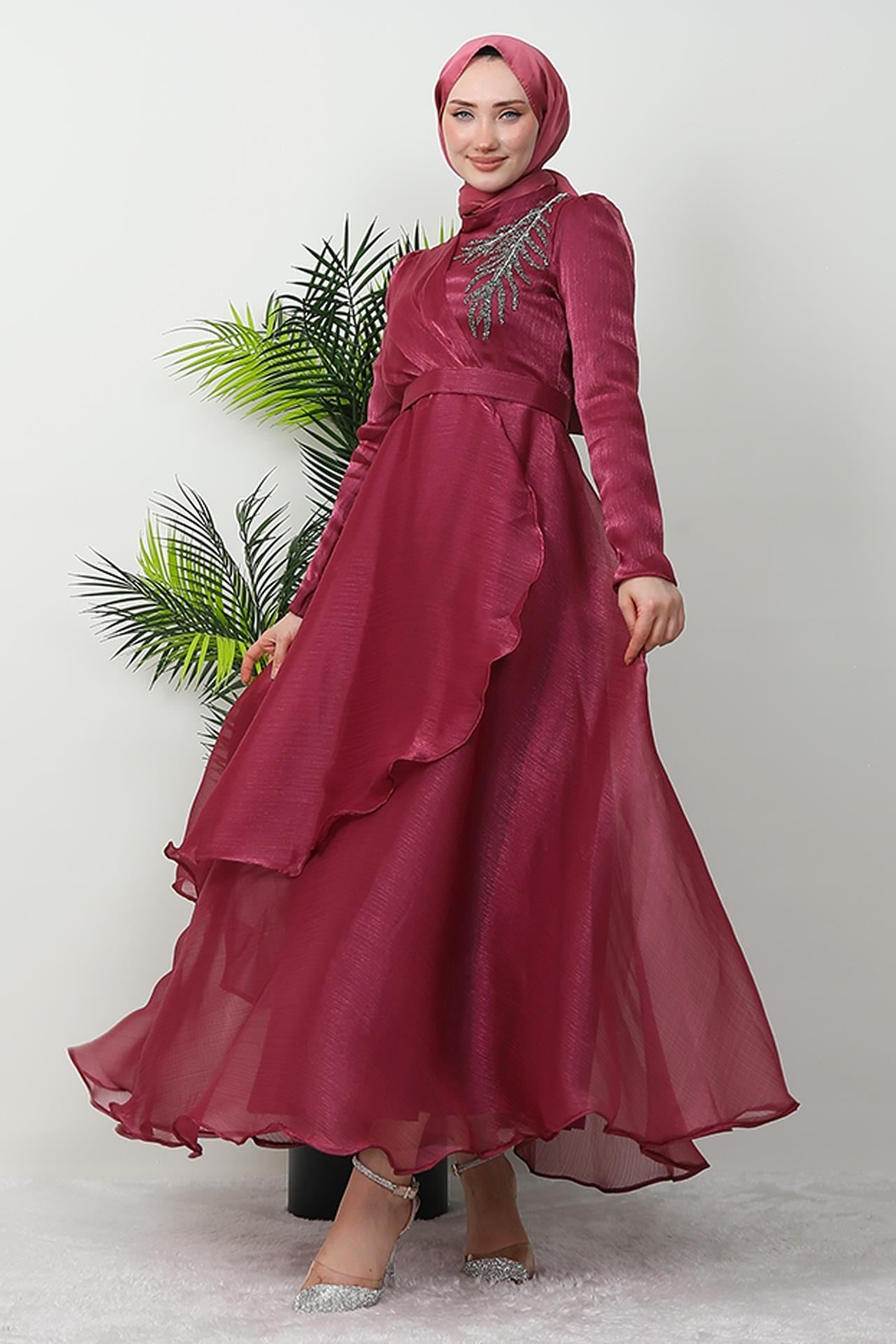 Taşlı Organze Abiye Fuşya