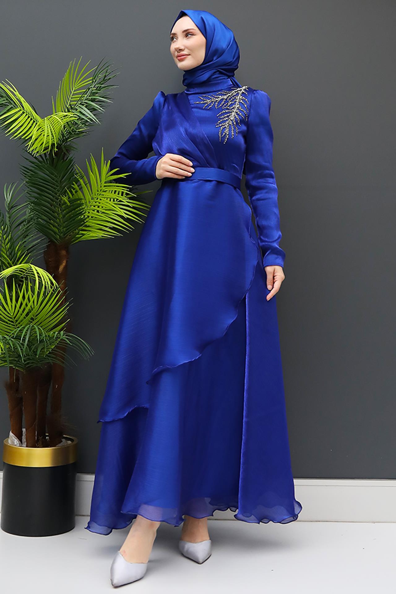 Taşlı Organze Abiye Gece Mavi