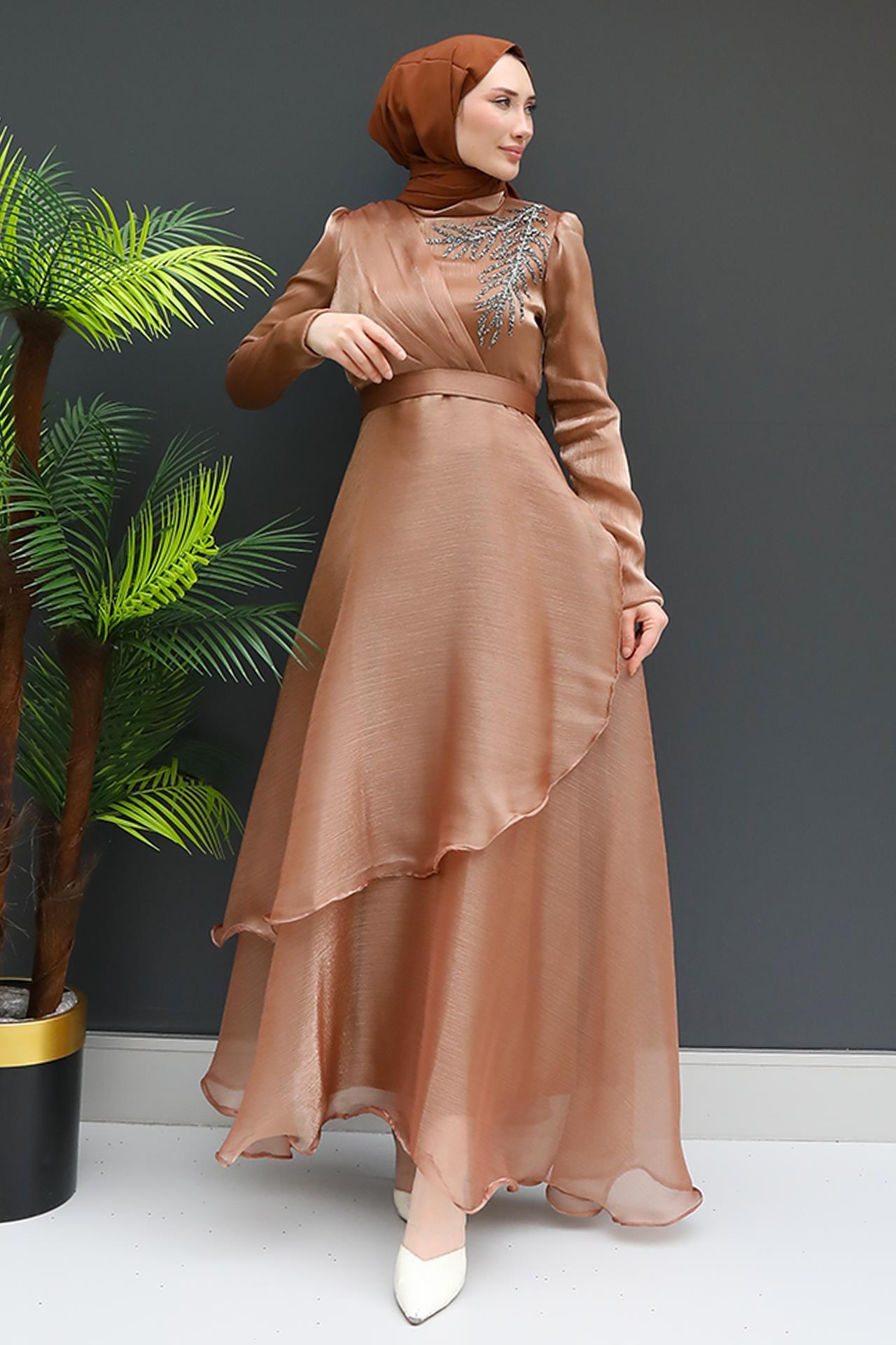 Taşlı Organze Abiye Karamel