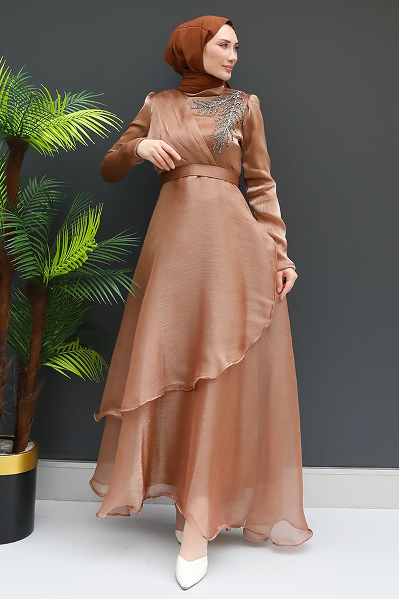 Taşlı Organze Abiye Karamel