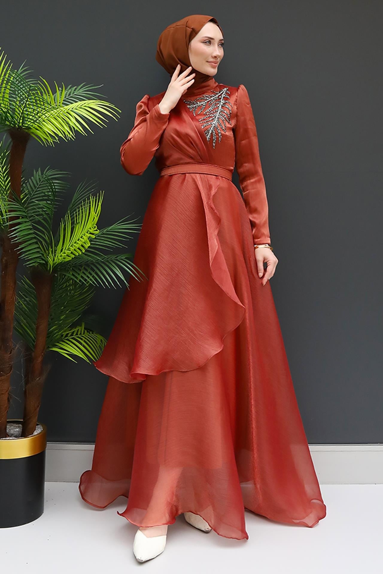 Taşlı Organze Abiye Kiremit