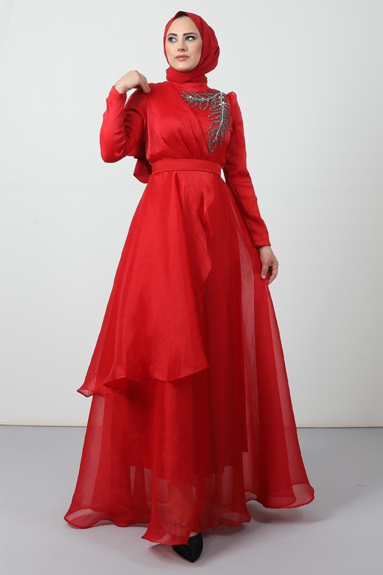 Taşlı Organze Abiye Kırmızı