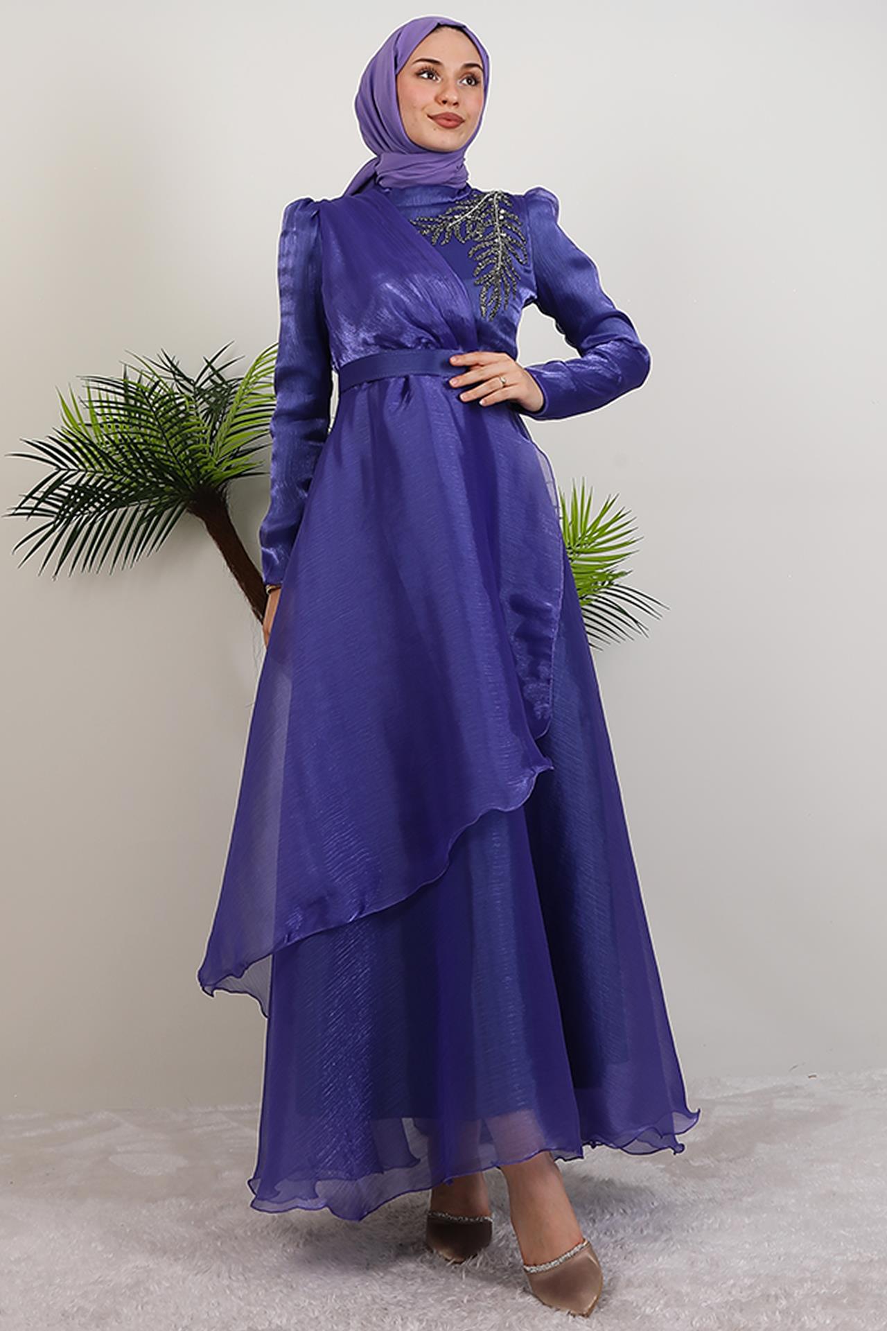 Taşlı Organze Abiye Koyu Lila