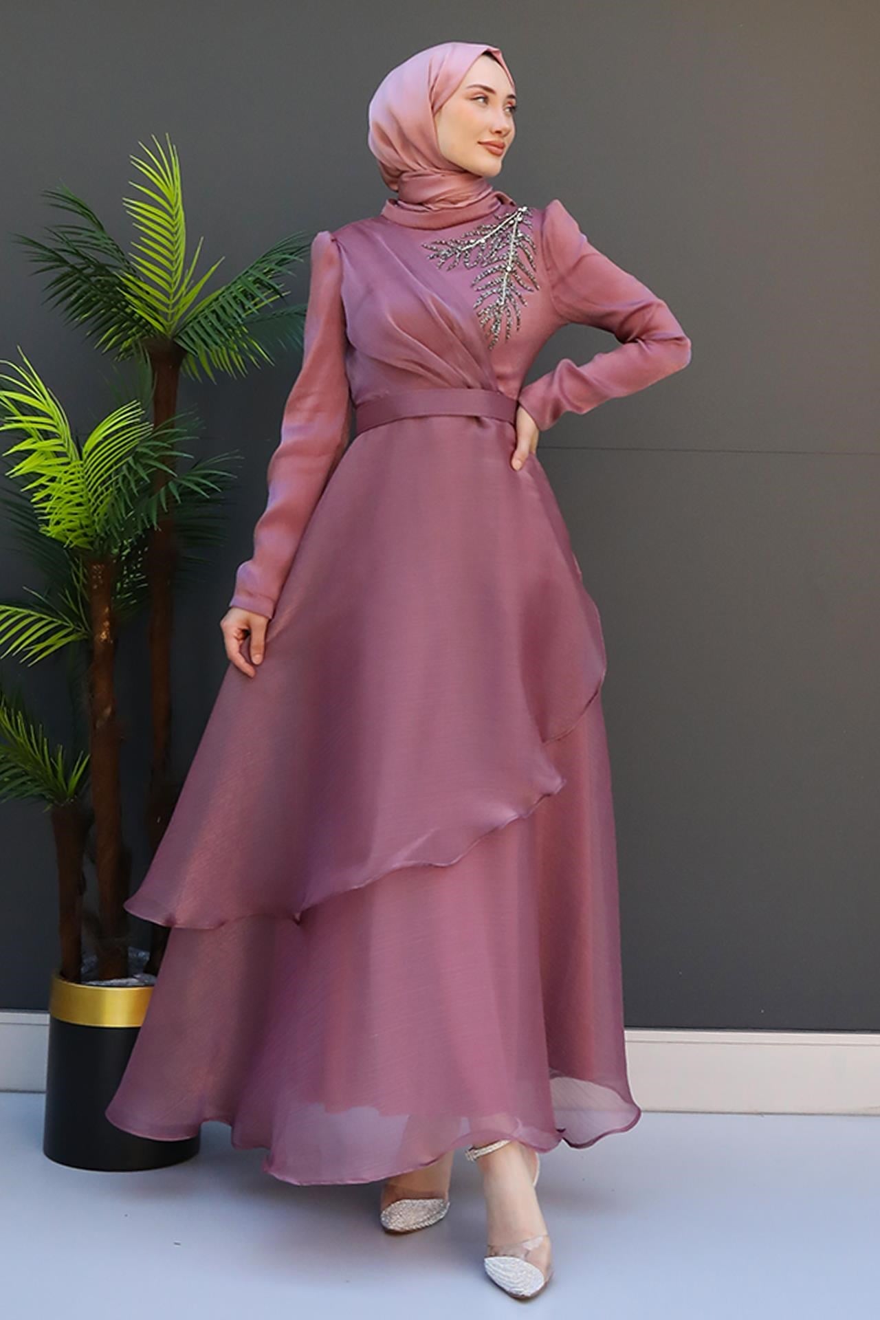 Taşlı Organze Abiye Koyu Pembe