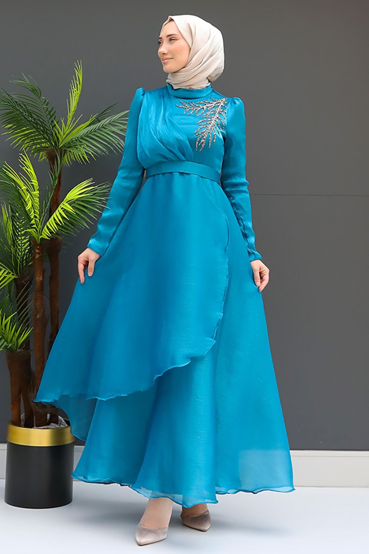 Taşlı Organze Abiye Petrol